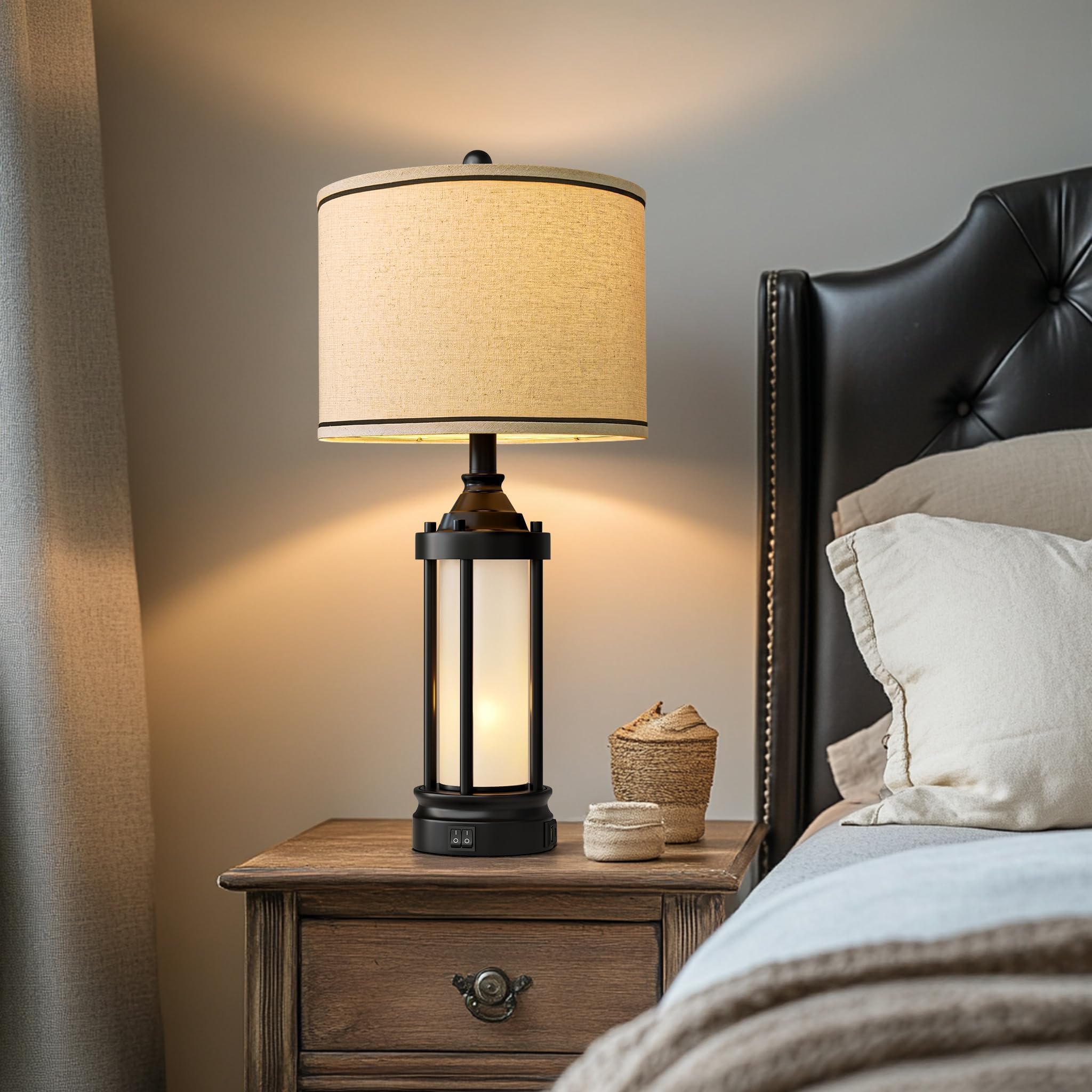 25'' Table Lamps For Bedroom Living Room Lamps Set Of 2 Farmhouse Nightstand Bedside Lamps With Usb Ports, Built-In Frosted Glas