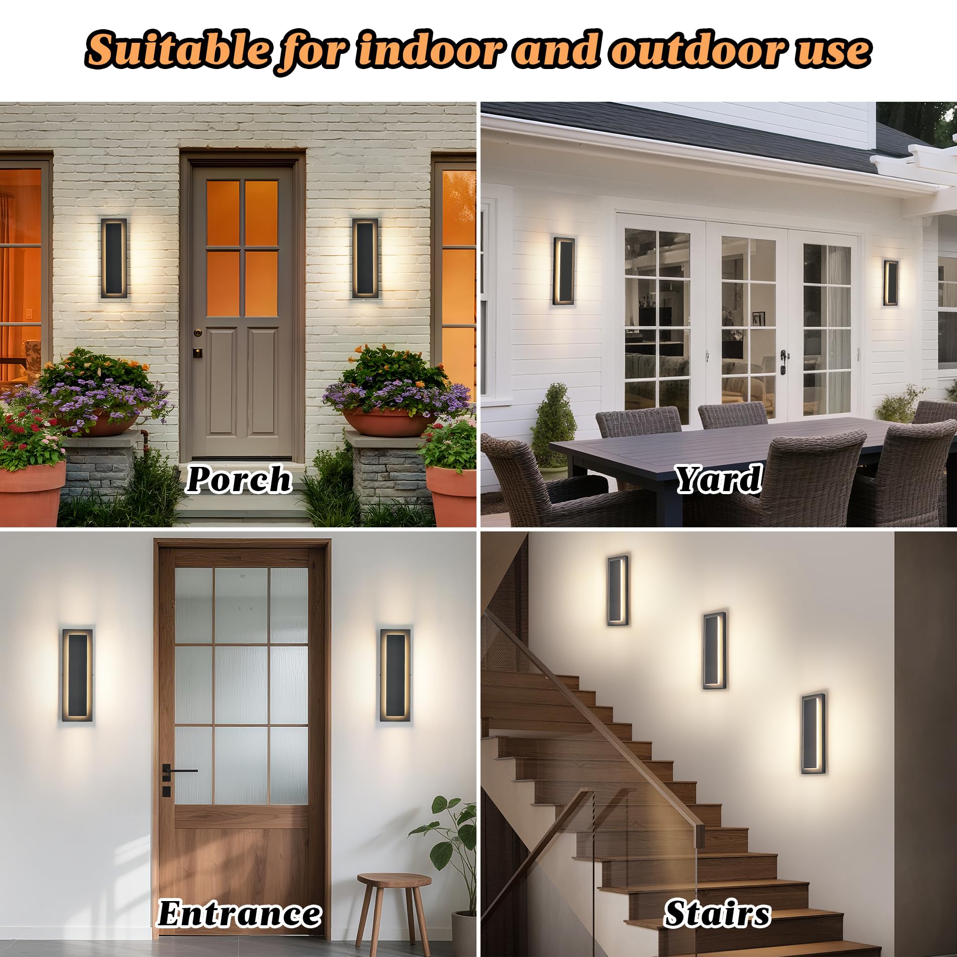 ZSMAIKU LED Outdoor Wall Light - 4 Packs, 12W Waterproof Sconces, 16" Black Metal, 3000K Warm White, Modern Design, Model MK-108