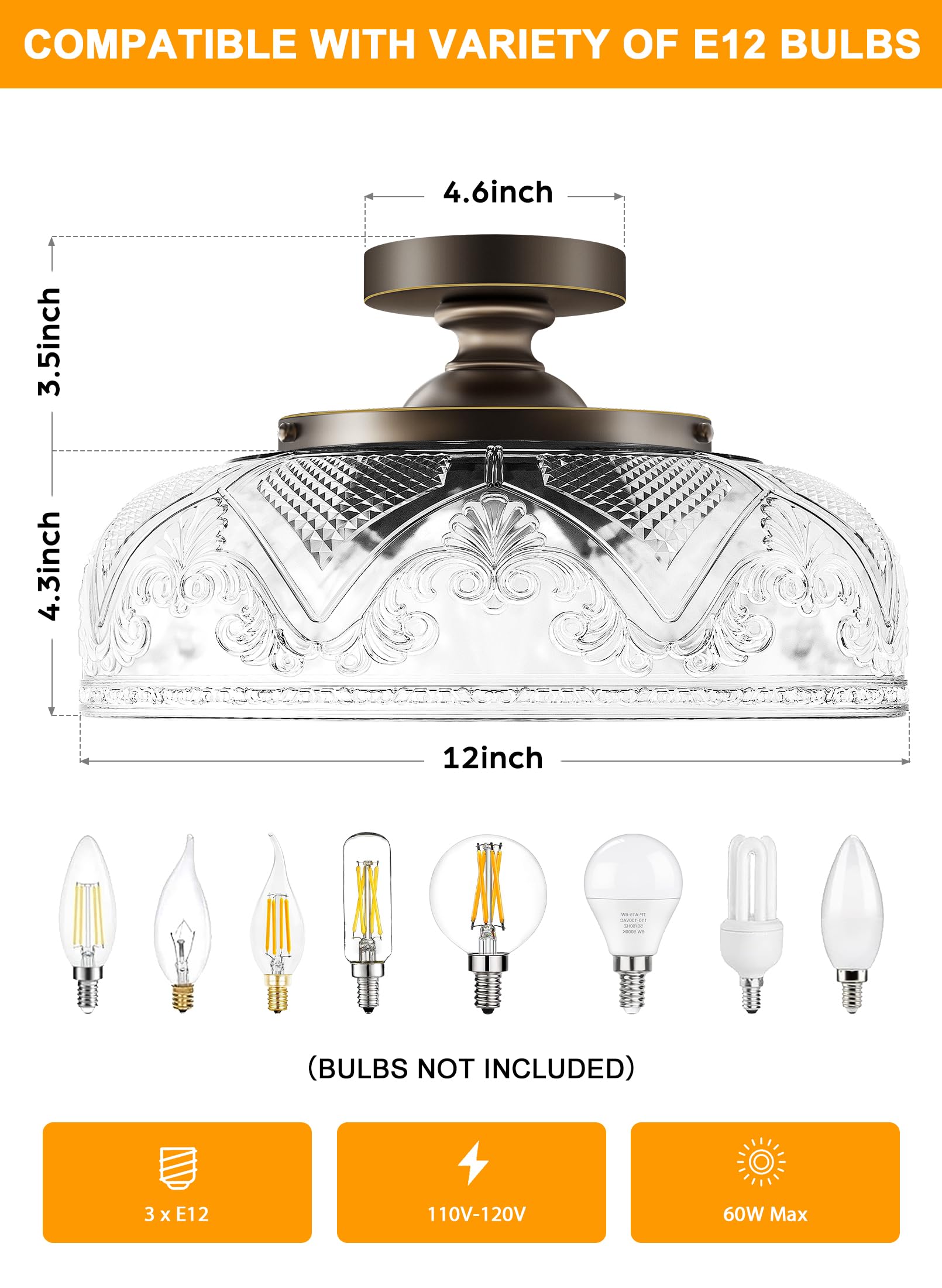 Slypadan Semi Flush Mount Ceiling Light, 12" Bronze Fixture, 3-Light Globe, Durable Metal, Black and Gold, Model 3011C-3CC-1PUS