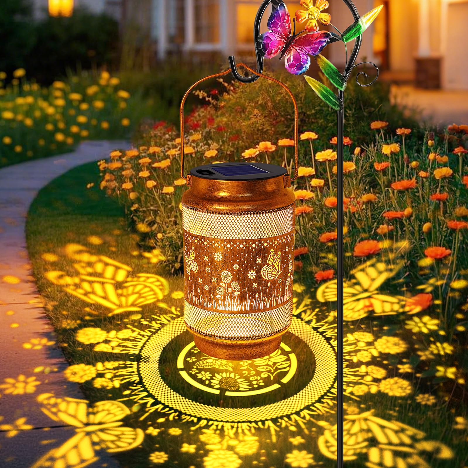 Butterfly Solar Lanterns Outdoor Waterproof with Shepherd Hook, Birthday Gifts for Women Mom Grandma, Metal Solar Hanging Lights