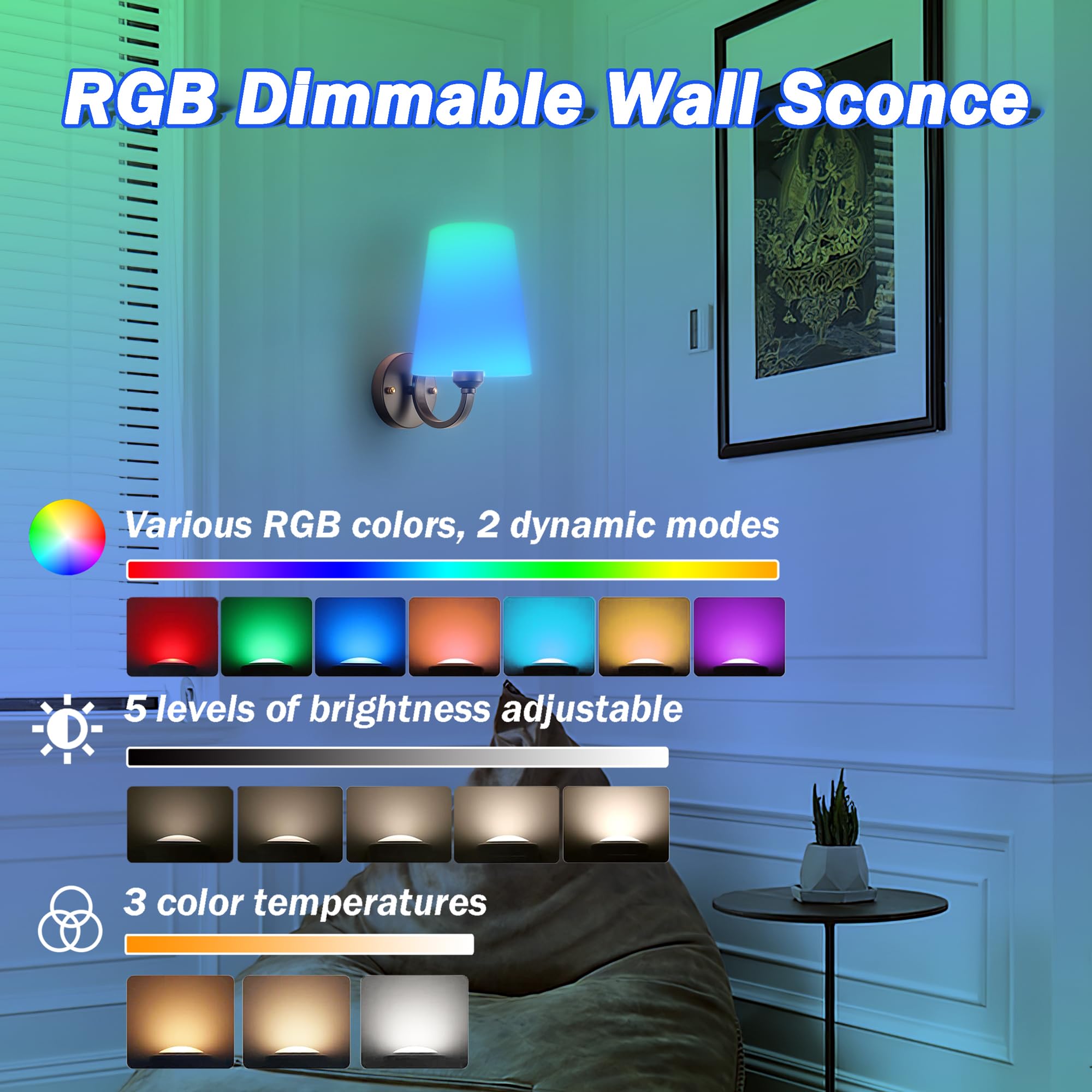 Slywise Battery Operated Wall Sconce Set Of 2, Rechargeable Rgb, Fabric, Black
