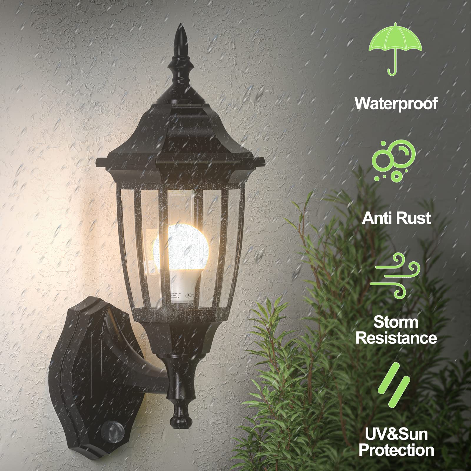 EMART Dusk to Dawn Outdoor Porch Sconce, Waterproof LED Light, Black Plastic, Model EM-GL-1-PS, 1 Pack, Bulb Included