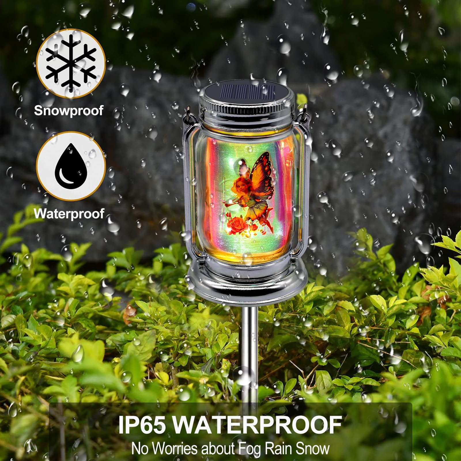 Angmln 2 Pack Solar Fairy Lanterns For Outdoor Garden, Adorable Fairies Theme In Silver Glass Mason Jars, Gifts For Mom, Grandma