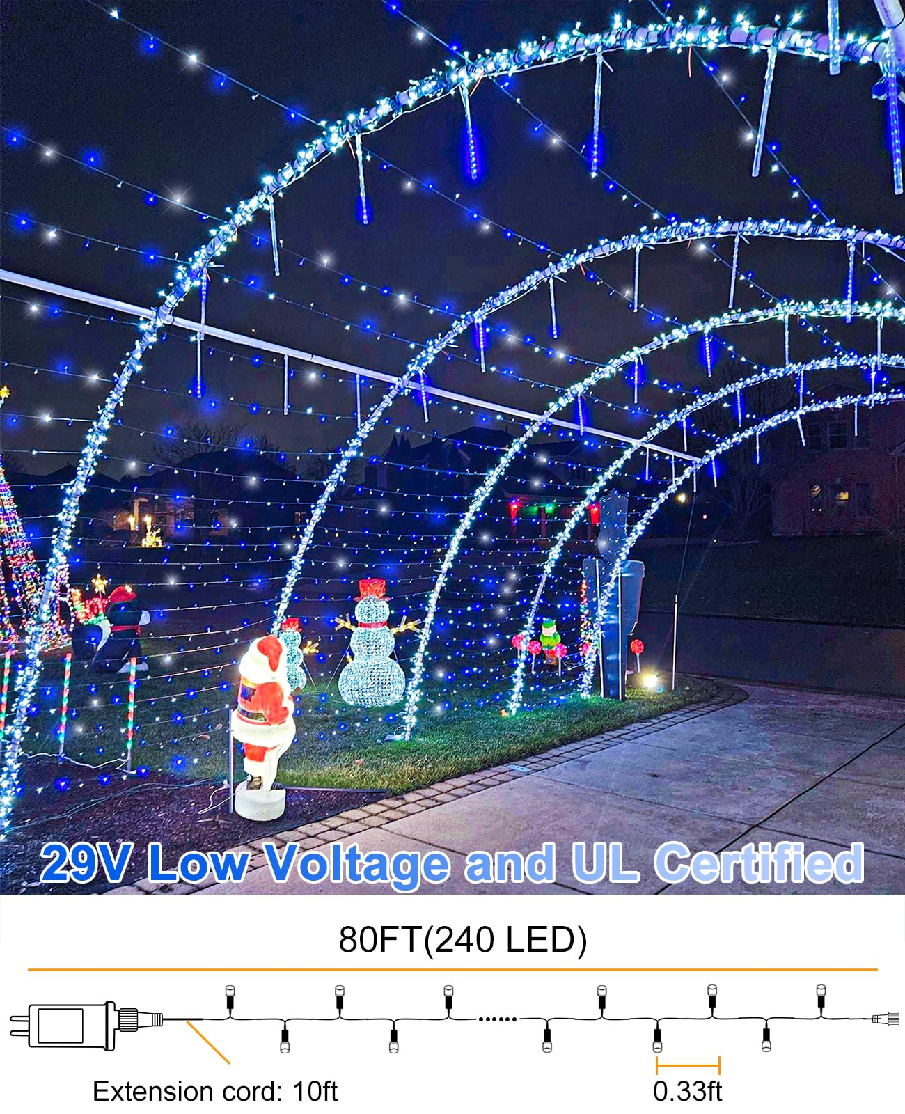 Xmasbokeh Blue White Christmas Lights Outdoor  80Ft 240 Led Christmas Tree Lights Waterproof Plug In  8 Modes Connectable Christmas Decorations Green Wire For Indoor Bedroom House Patio Holiday