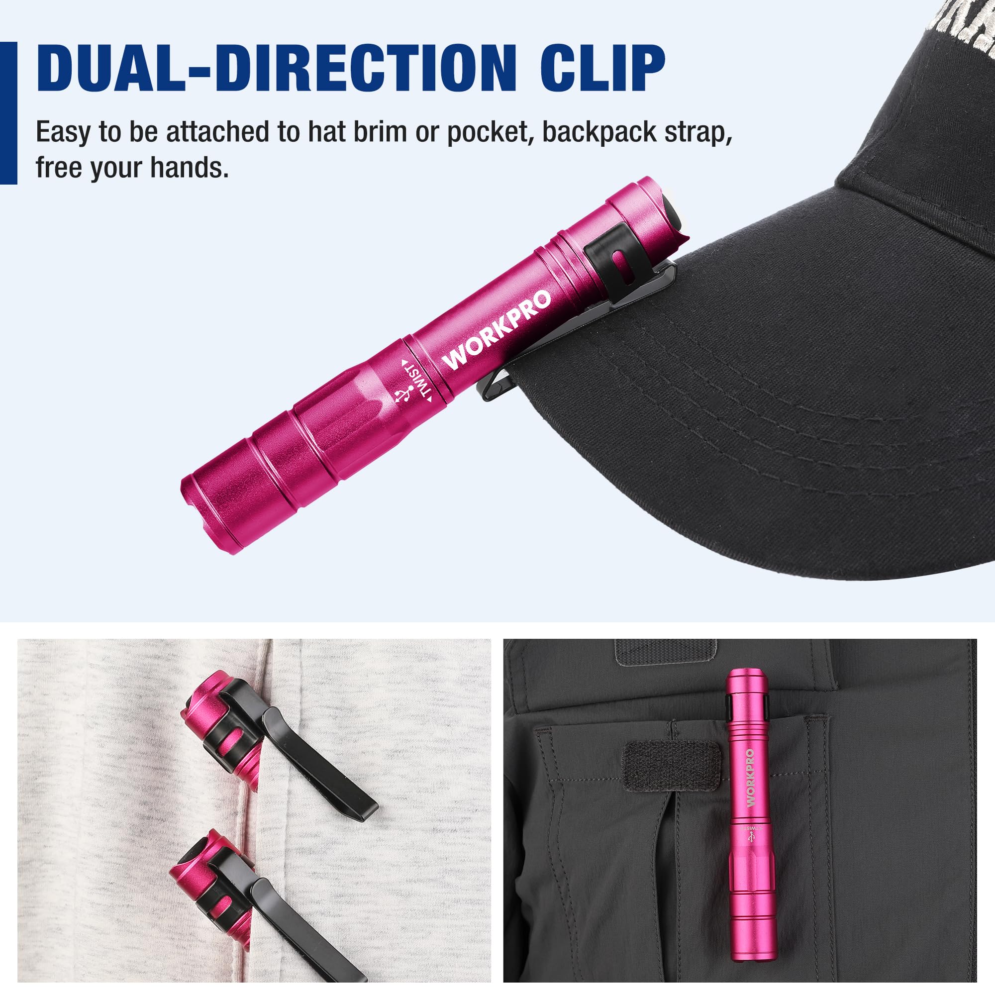 WORKPRO Rechargeable Pen Light, Mini Flashlight 2-Pack, Aluminum, Pink, Model W139022, Includes USB C Cables