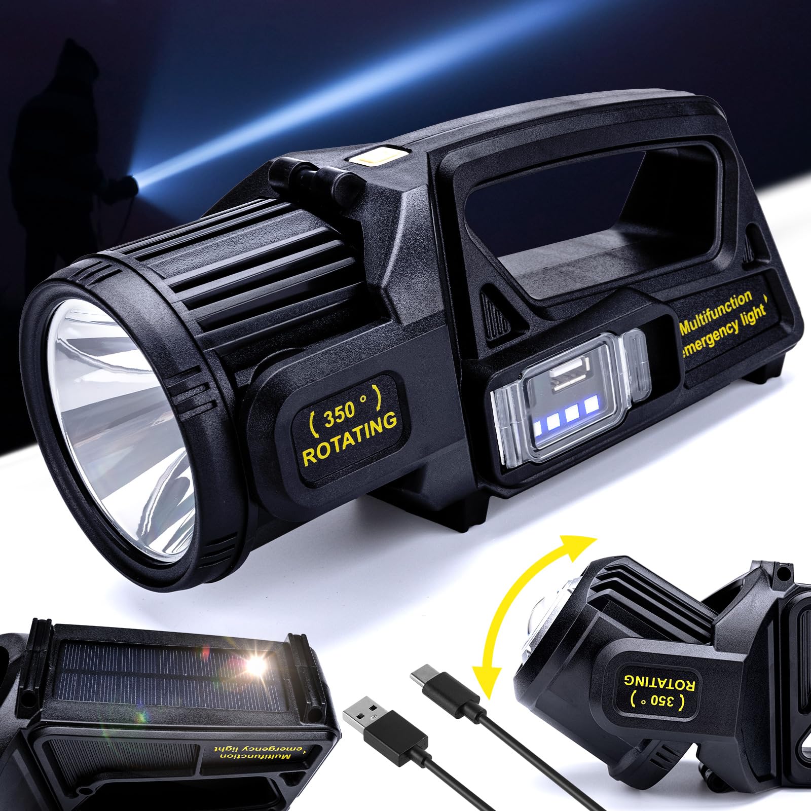 Ewenele Rechargeable Spotlight Outdoor Handheld, 2,000,000 Lumens Led Spot Light Flashlight with Solar Panels, 9 Modes Waterproo