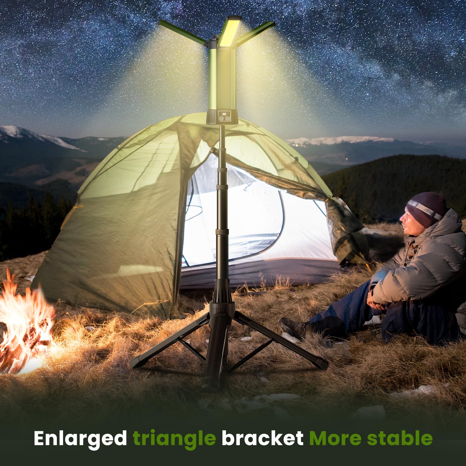 Mlogiroa Rechargeable Camping Light with Stand - 54 Tall Cordless Work Light Portable USB Tripod Lights 2000 Lumen 3 Page Head w