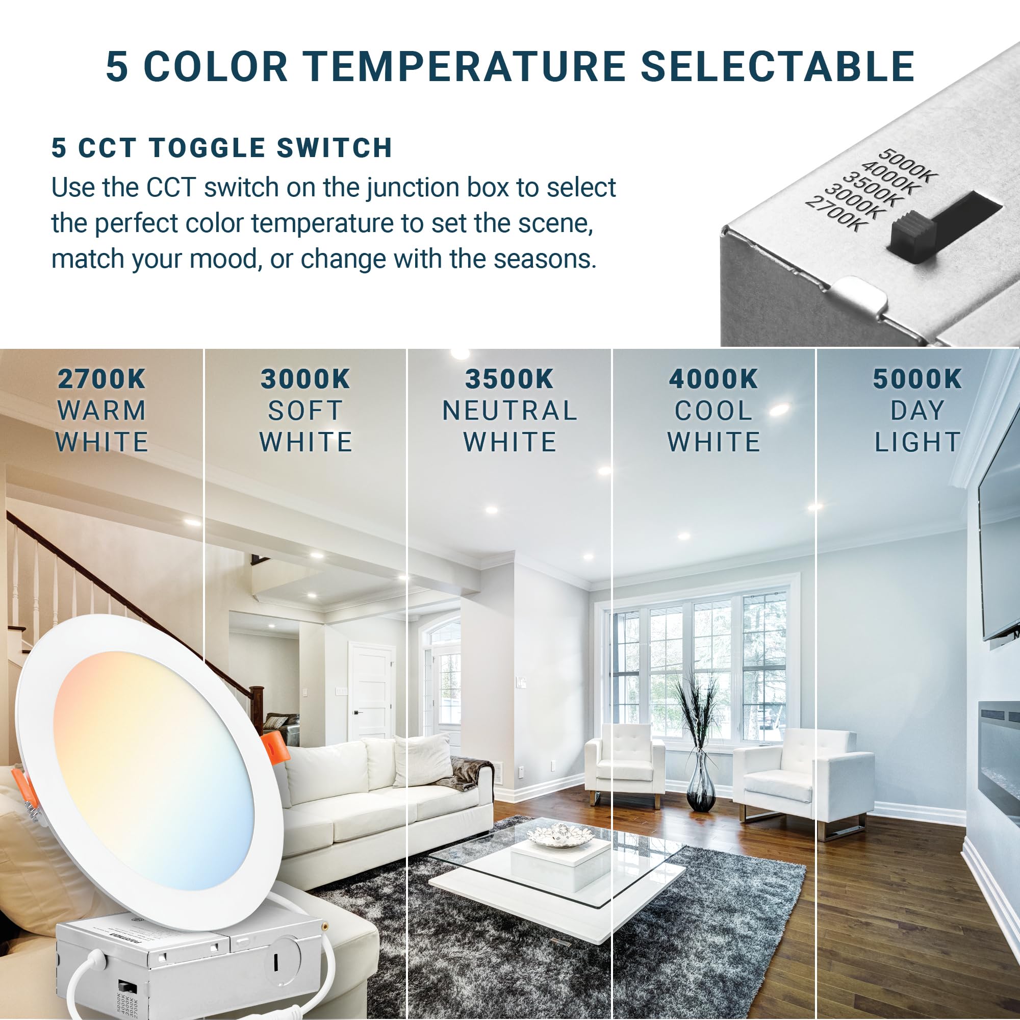 Parmida (16 Pack) 6 Inch Dimmable 5Cct Ultra-Thin Led Recessed Ceiling Light With Junction Box, 5 Color Selectable 2700K/3000K/3