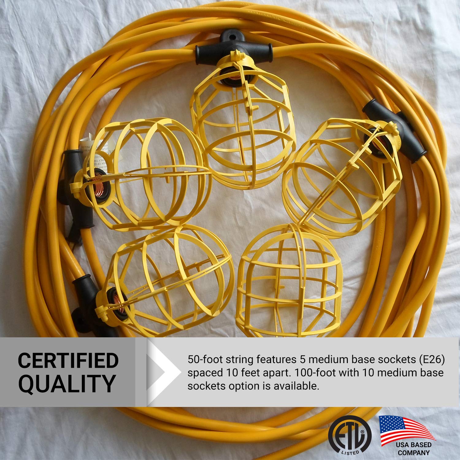 Sunlite Construction Cage String Lights, 50ft, 5 E26 Sockets, 75W Max, PVC, Yellow, Model EX50-14/2/SL, Indoor/Outdoor