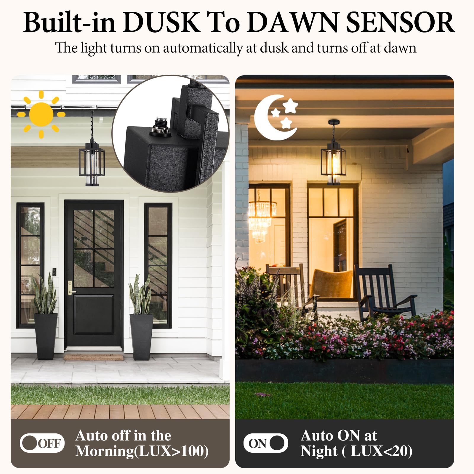 Osimir 16 Outdoor Pendant Light - Dusk to Dawn Black Chandelier with Clear Glass, Modern Hanging Lantern for Porch & Gazebo, OS-KY1006