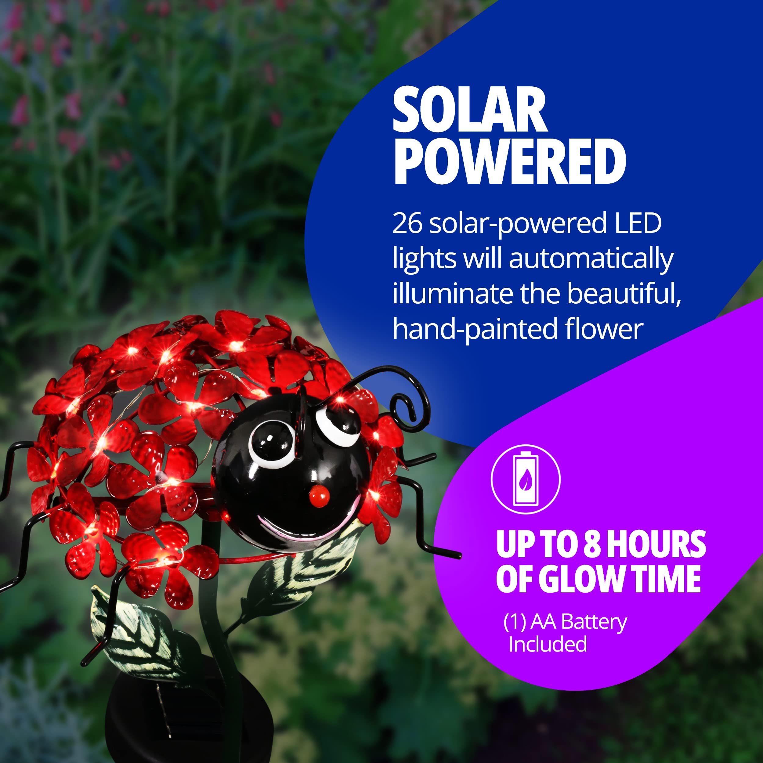 Exhart Garden Solar Lights, Decorative Red Ladybug With Flowers Garden Stake, 21 Leds, Cute Metal Outdoor Decoration, 8 X 26 Inc