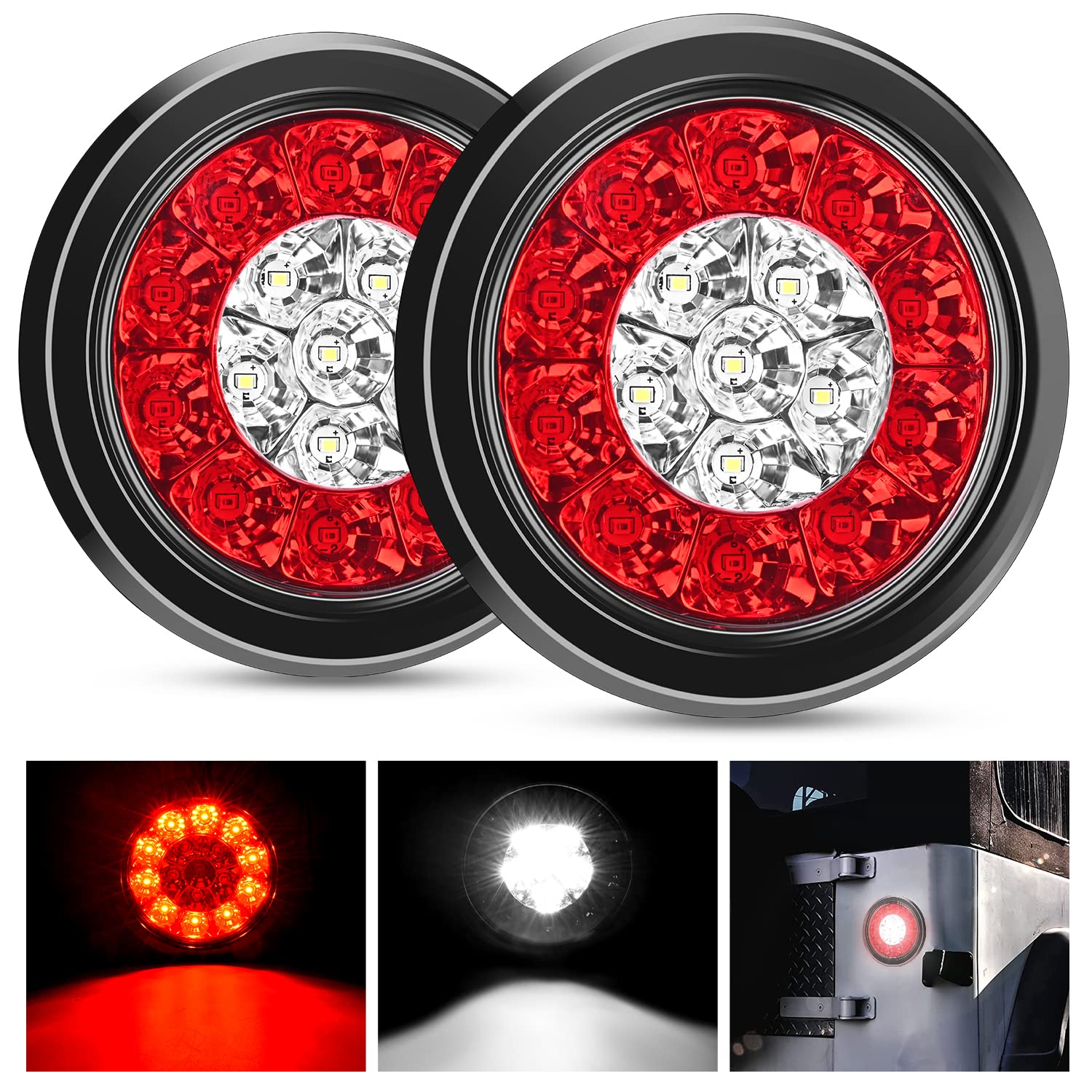Nilight 2PCS 4&quot; Round Red White LED Trailer Tail Lights 16LEDs w/Flush Mount Grommets IP67 Waterproof Stop Brake Running Reverse Light for Trucks Trailer RV
