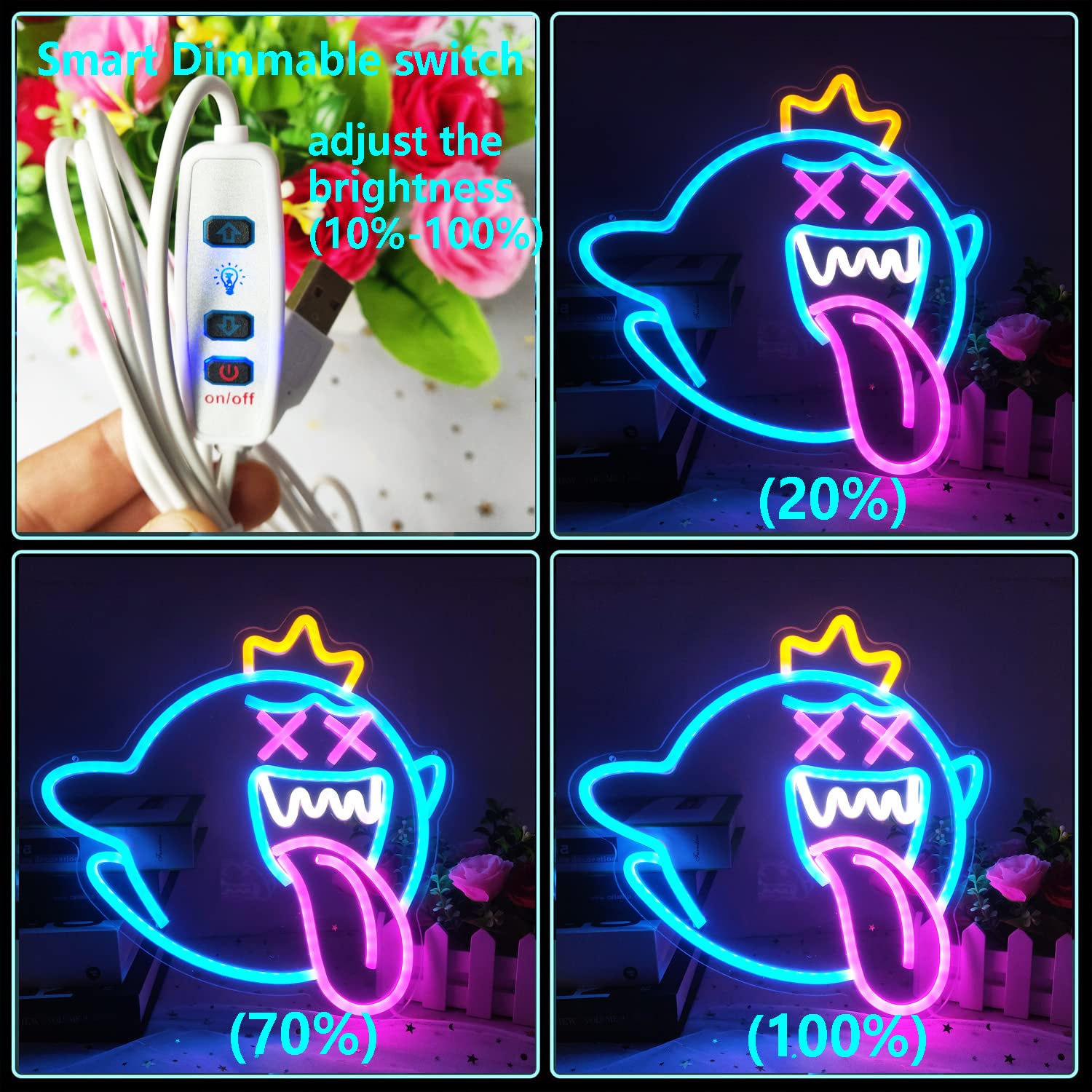GMMLLG King Boo Neon Sign LED Light - Dimmable, Acrylic Backboard, Gaming Decor, KingBoo Color