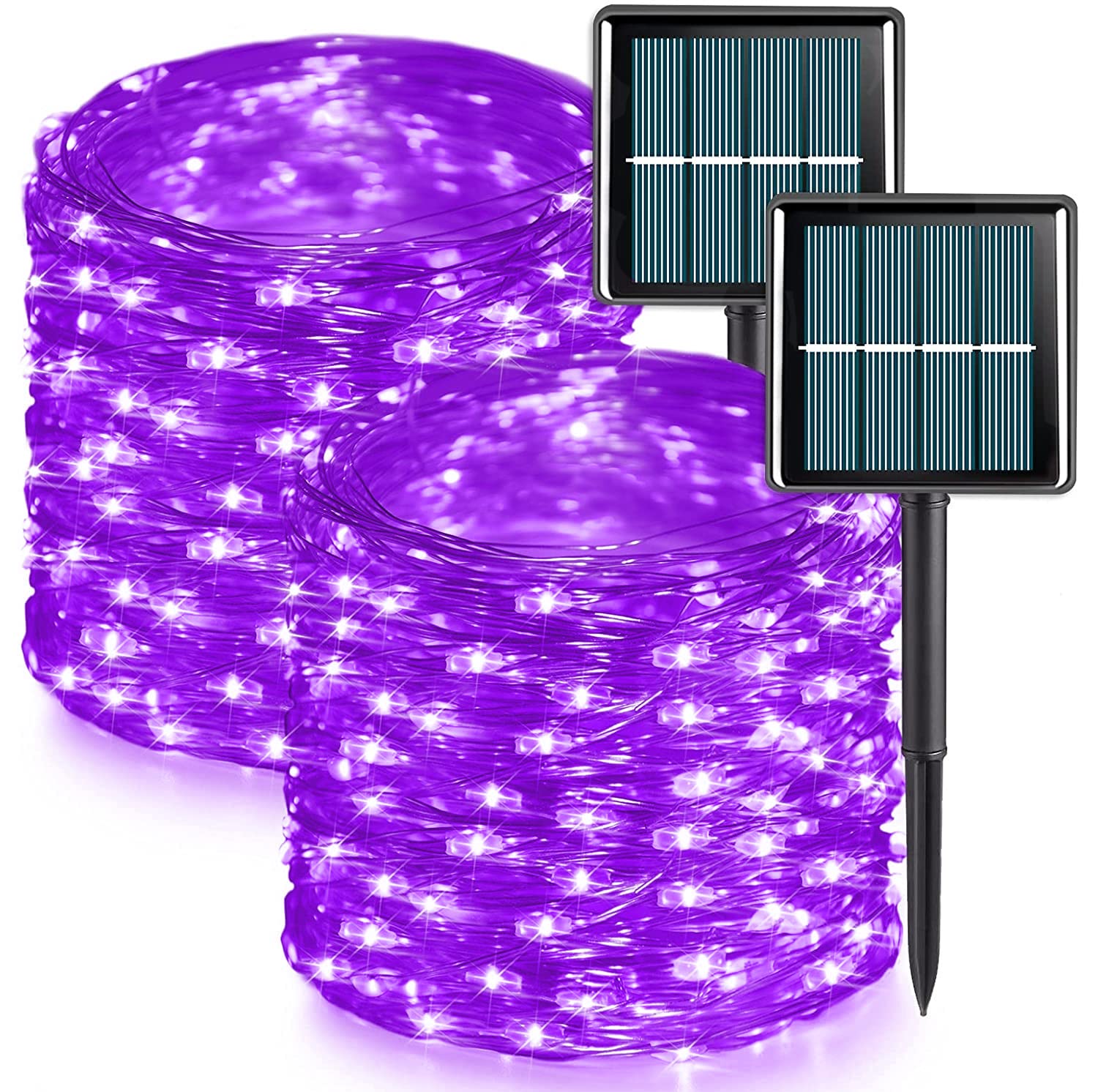 Qitong 2 Pack Purple Solar Christmas Lights, 66Ft 200 Led Waterproof Fairy Lights, 8 Modes