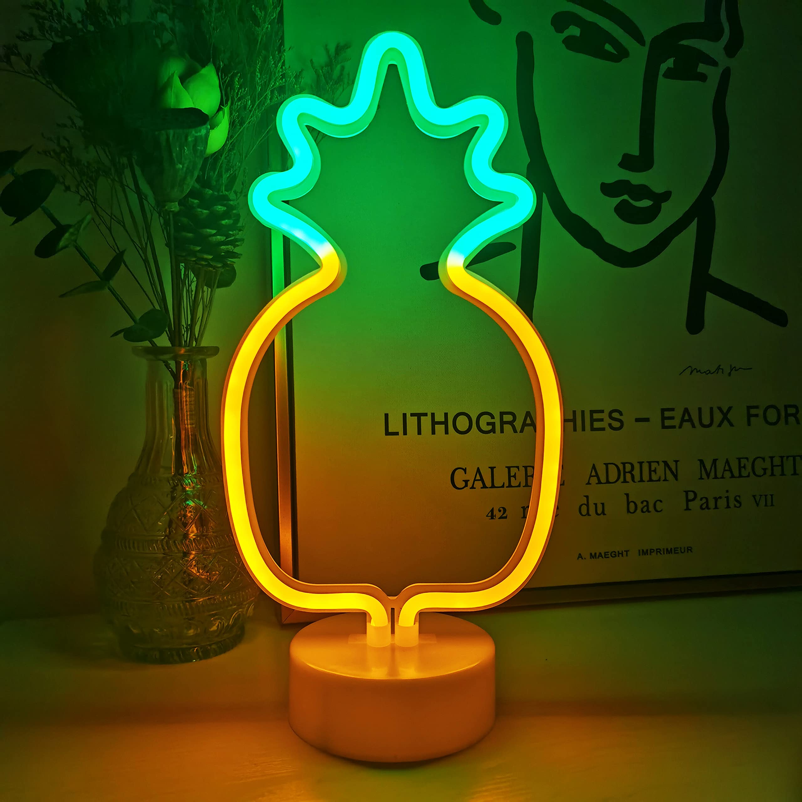 Attivolife Pineapple Neon Sign LED Lamp Art Decoration, KF-NE20S, Yellow & Green, Home Bedroom Party Supplies