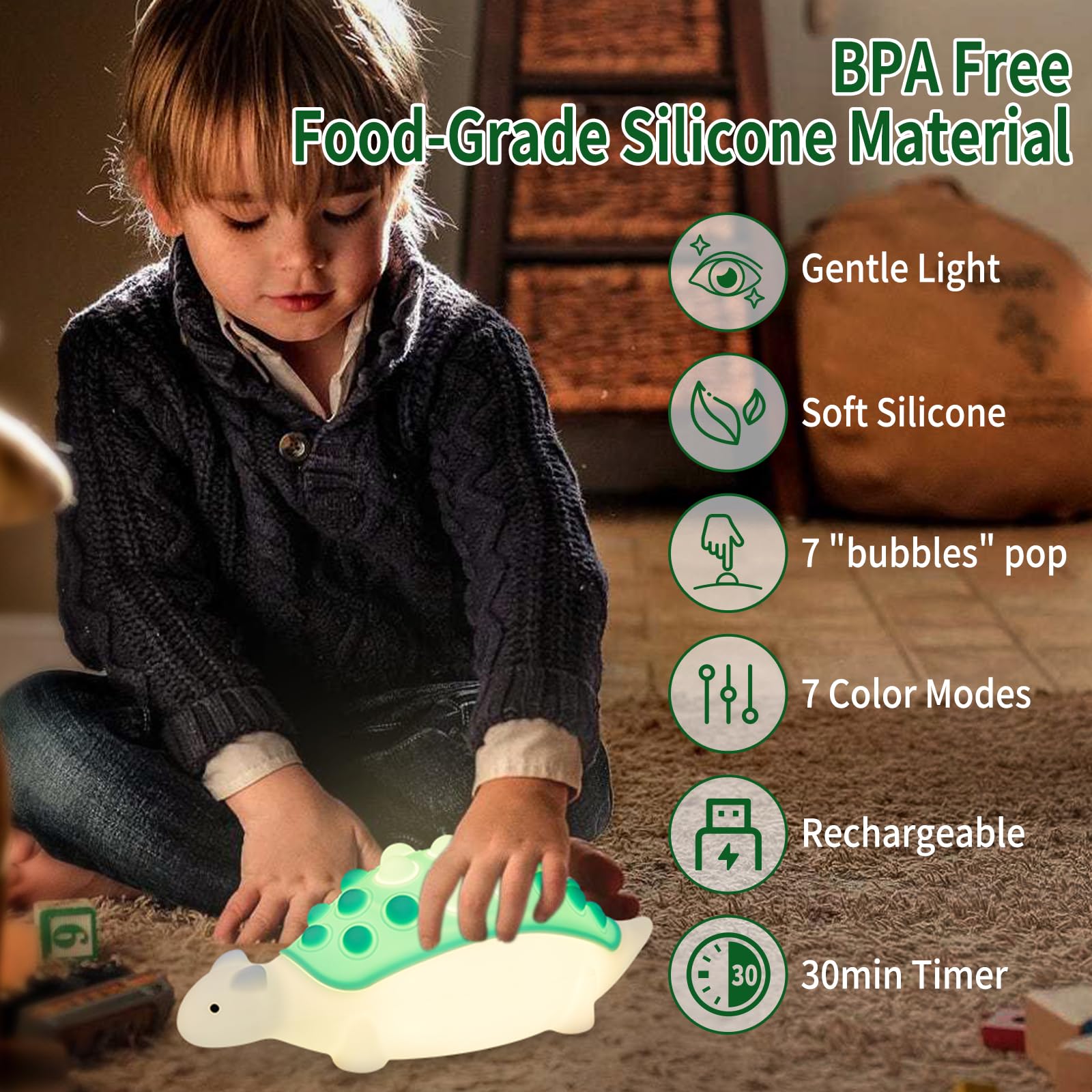 SALUOKE Dinosaur Kids Night Light,Silicone Nursery Dino Lamp with Pop Bubble,7 Nightlight Modes Rechargeable Bedside Touch,Baby