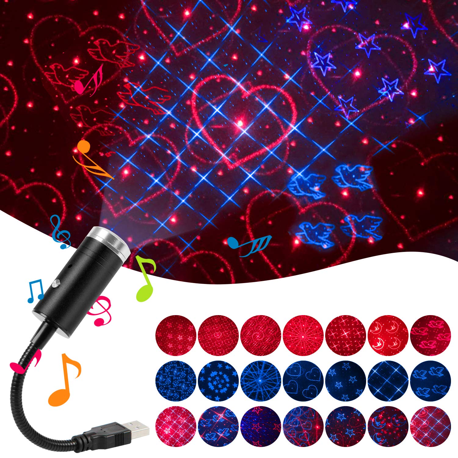 Crefotu Usb Star Night Light, 9 Modes & 24 Effects, Sound Activated, Blue&Red For Car & Home