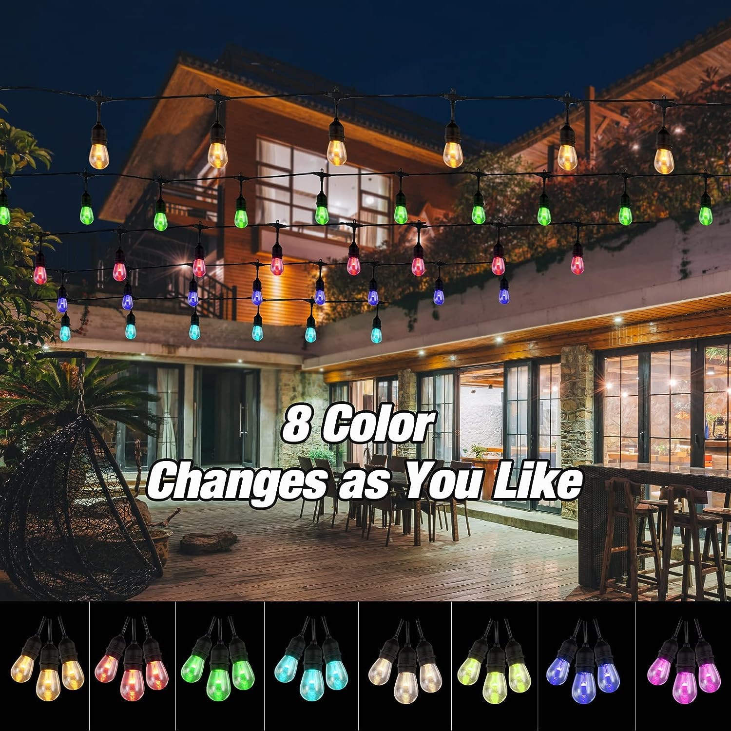 Auroraworld Outdoor String Lights, 96Ft Color Changing Outdoor String Lights, Patio Lights Outdoor Waterproof Porch Light With Remote, For Patio Decor