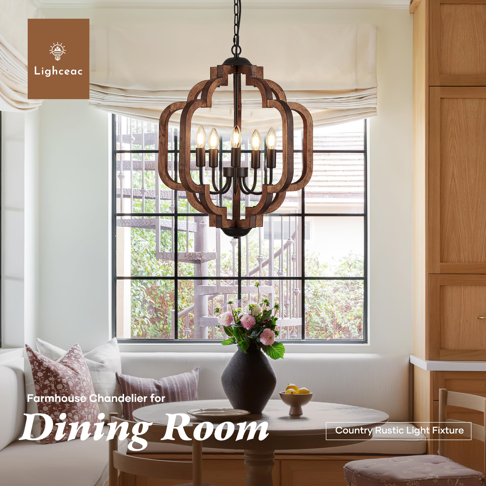 Lighceac 20.5'' Farmhouse Vintage Chandelier 5-Light For Dining Room Rustic Handmade Wood Hanging Ceiling Pendant Light Fixture