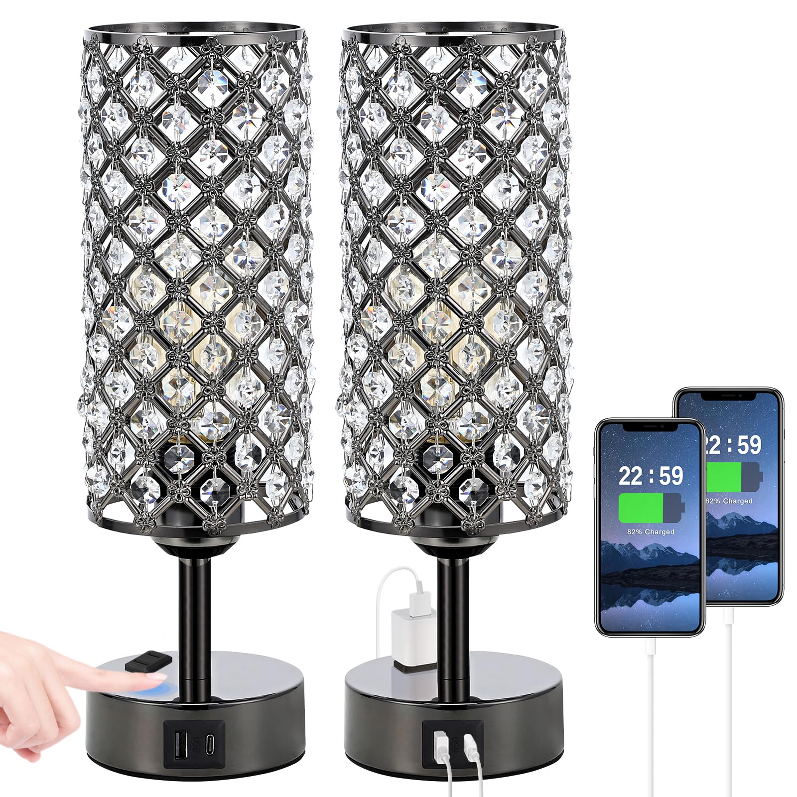 Hong-in Crystal Table Lamp Touch Control Set of 2, 3-Way Black Crystal Lamps with USB C+A Ports & AC Outlet, Dimmable Nightstand