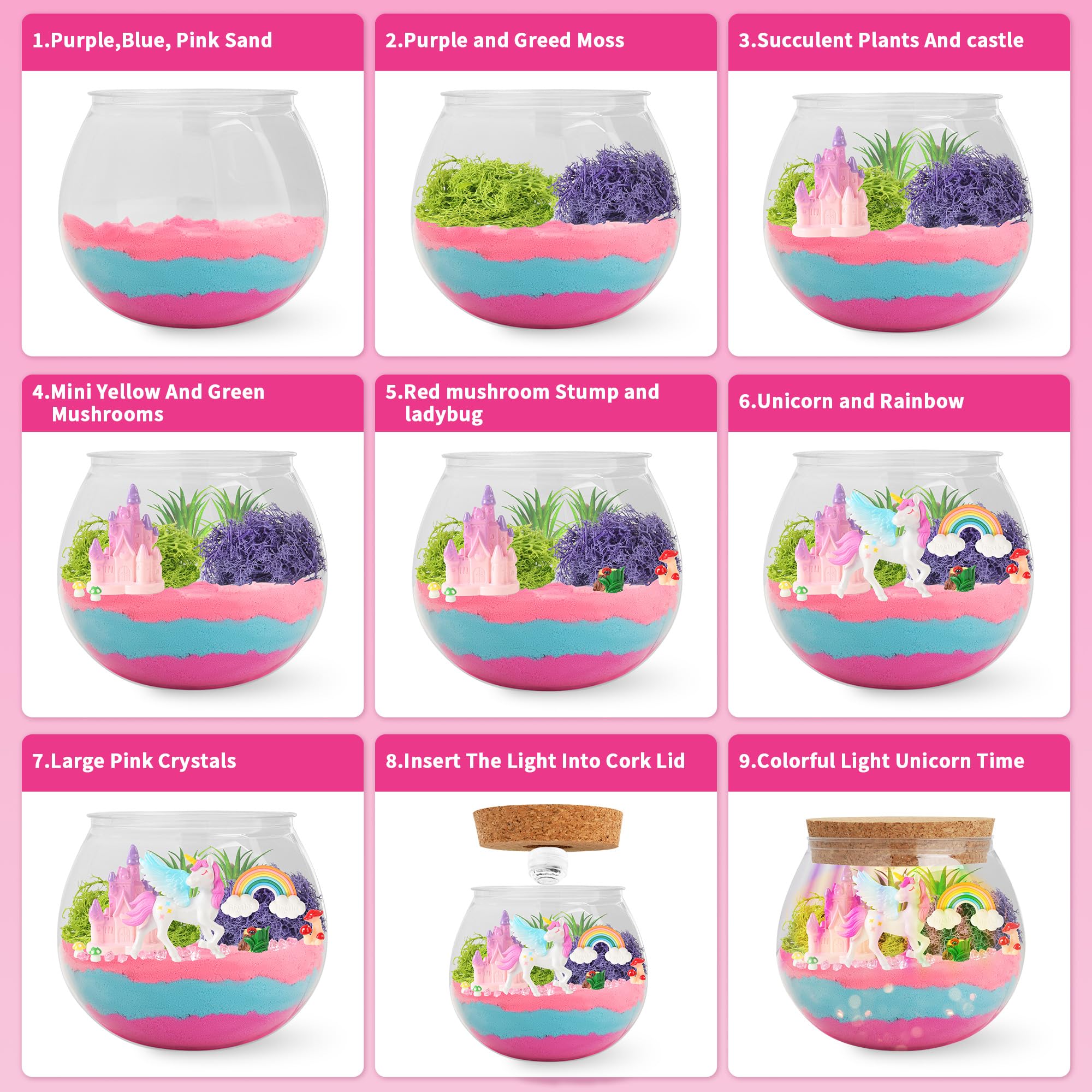 KACHUAN BEAR Unicorn Light-Up Terrarium Kit - DIY Craft with Stickers, 5.12" Pink, Ages 4-12, Model XS-002, LED Birthday Gift