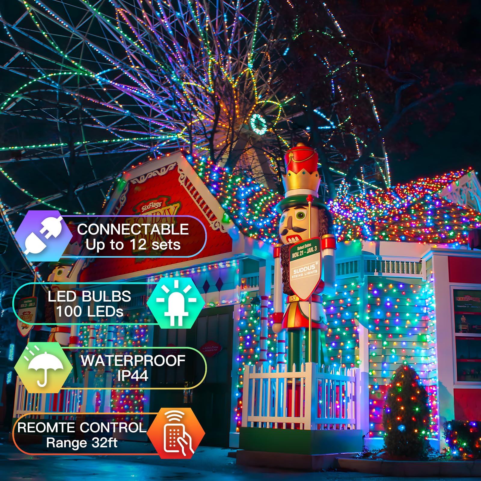 Suddus Multicolor Christmas Tree Lights, 100 Led 8 Modes Blinking Christmas Twinkle Lights With Remote, Colored Christmas String Lights For Outdoor Indoor Party Decoration, Plug In, Connectable