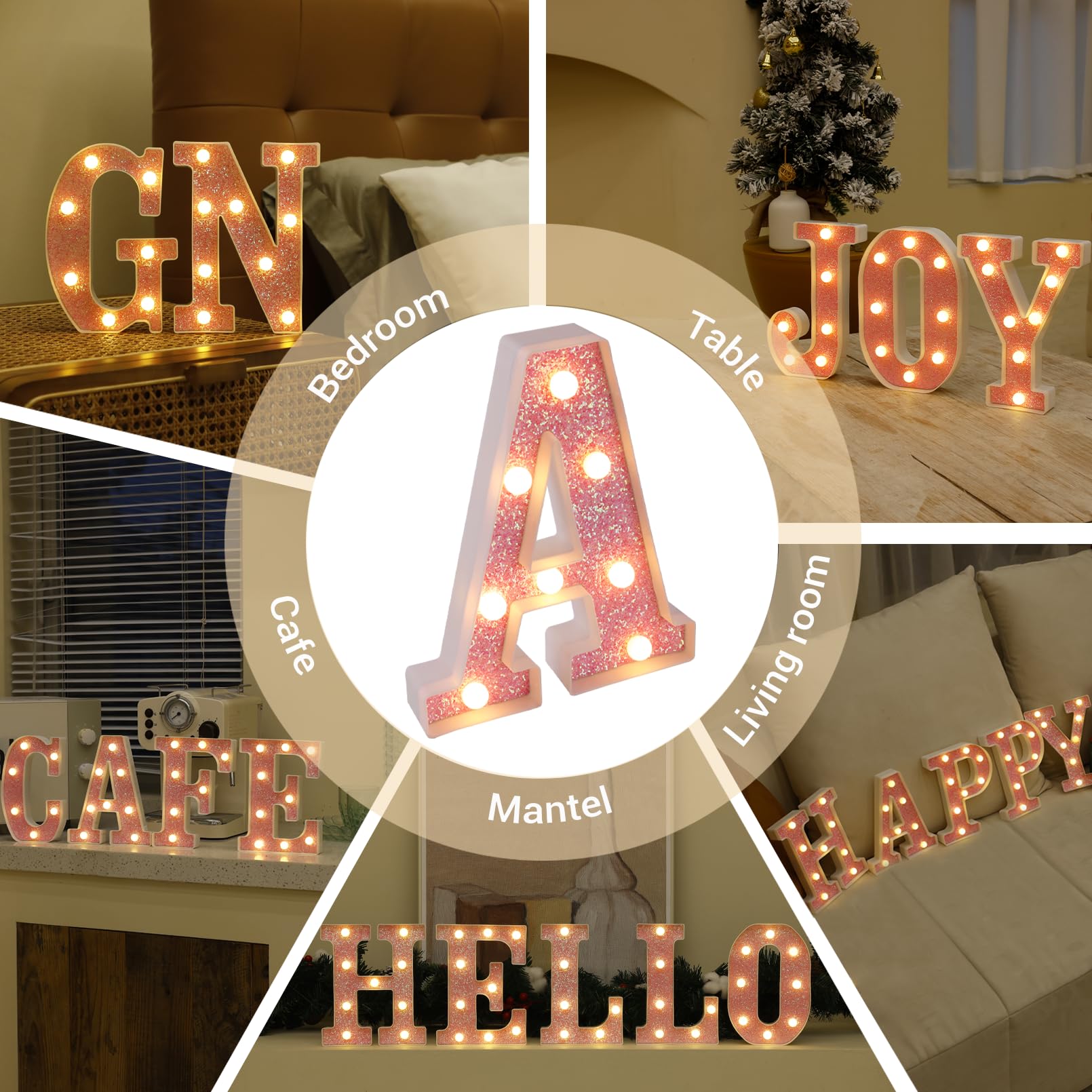 TRONSBOO LED Letter Light - Pink Glitter Marquee Sign, Battery Powered, 5.87in x 8.58in x 1.57in, Model TRONSBOO-N,