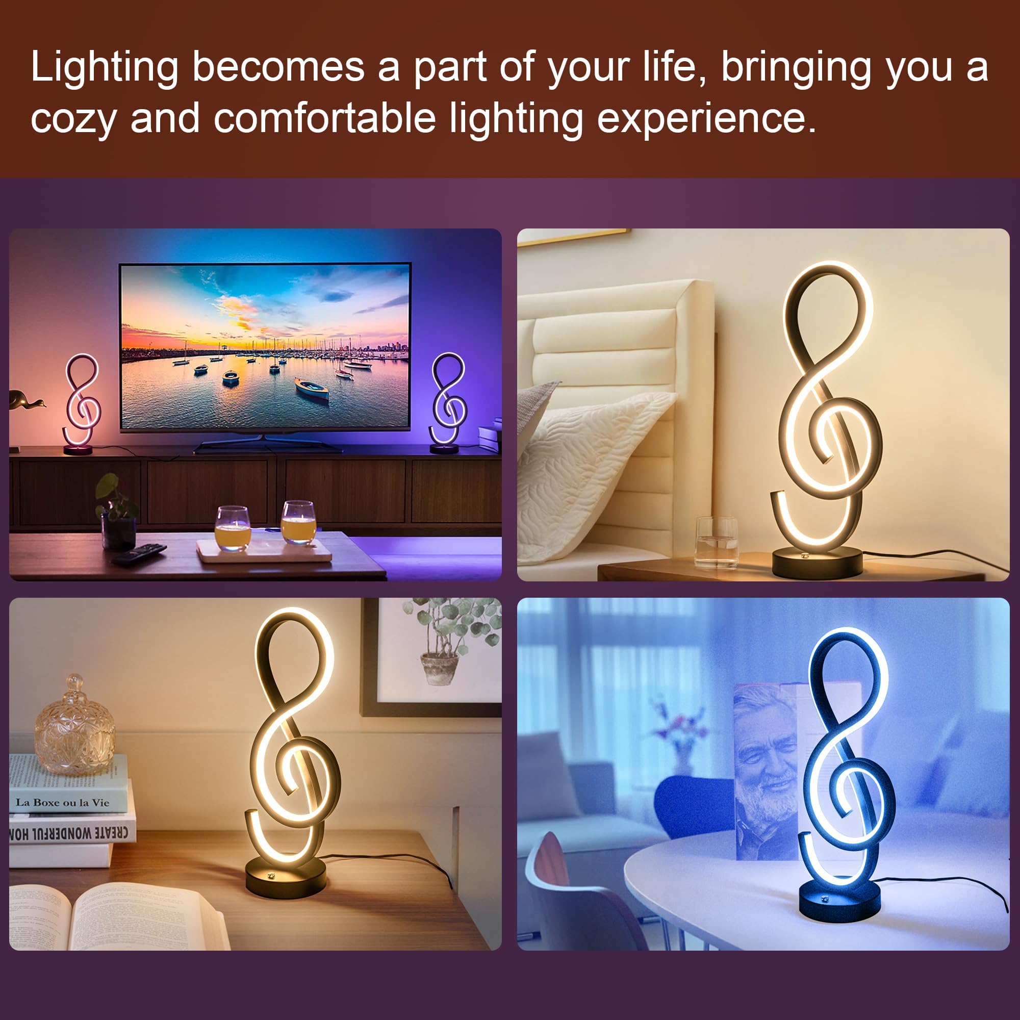 Adebime Rgb Modern Table Lamp, Led Spiral Nightstand Lamp With Music Note Design, 7 Colors & 10 Light Modes, Touch Dimmable Beds