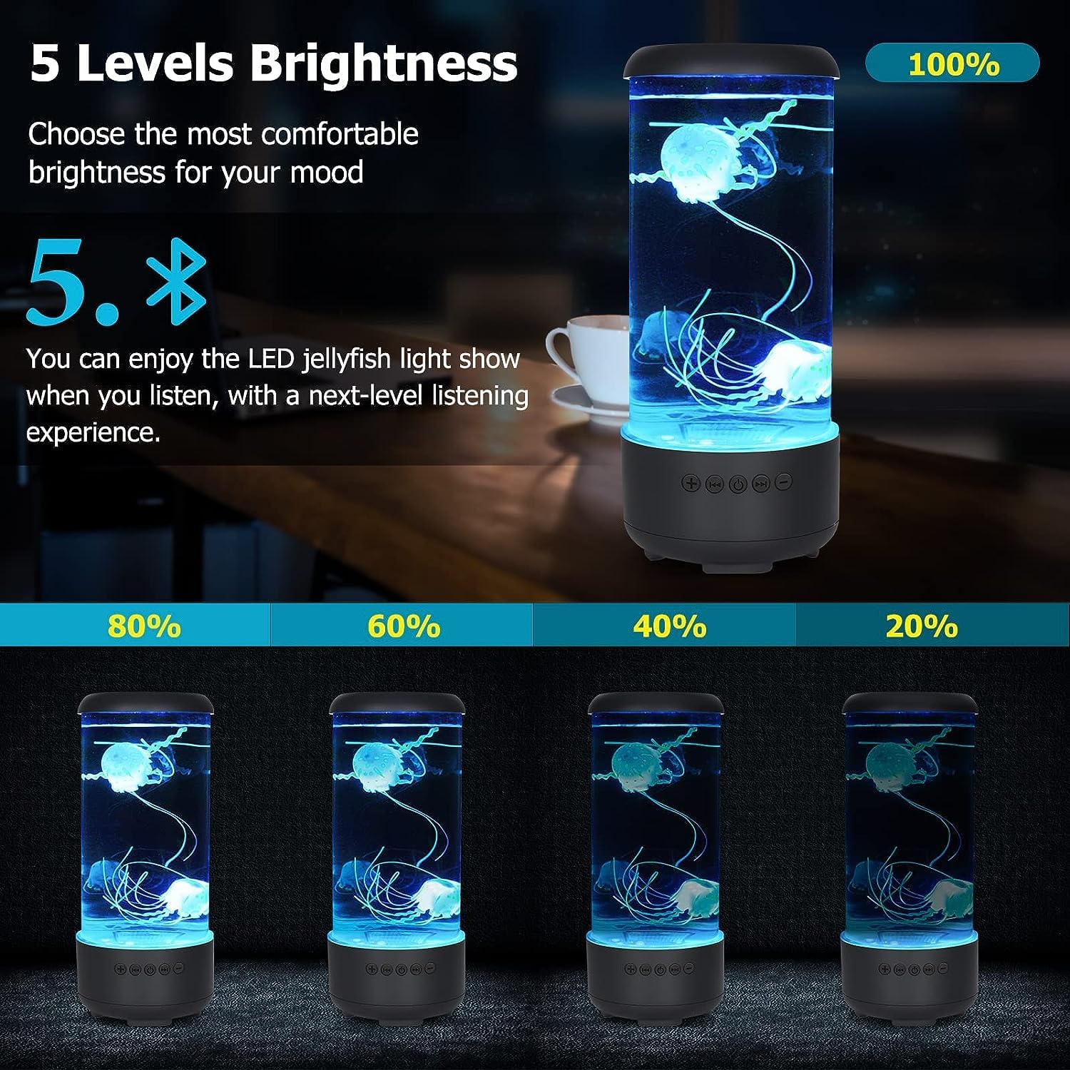 SUKIND Jellyfish Lamp - Bluetooth White Noise, 7-Color, 5 Brightness Levels, Matte Black, Relaxing Decor for Adults & Kids
