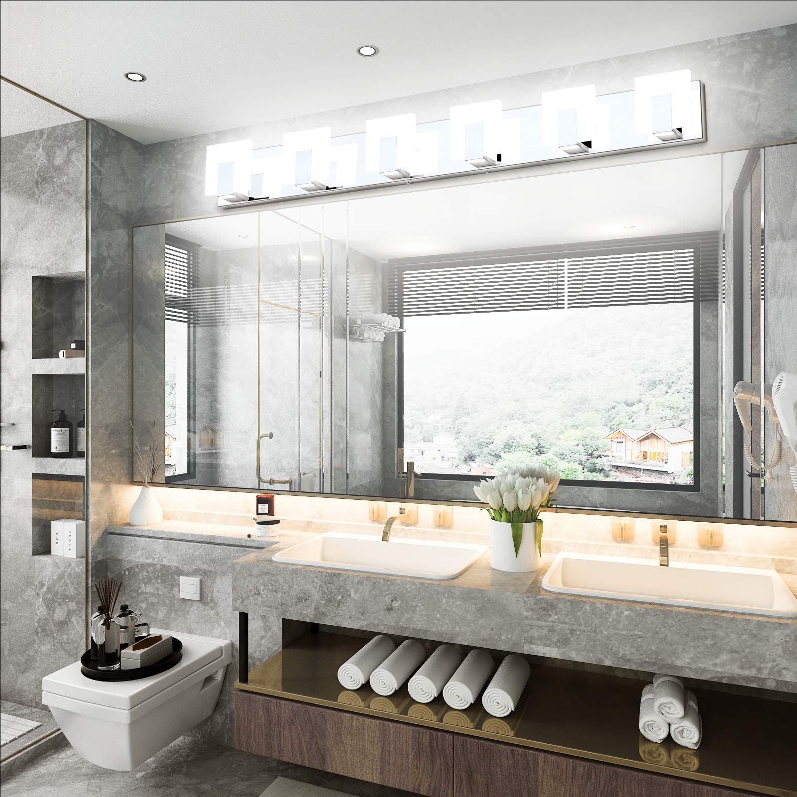 Aipsun Modern LED Bathroom Vanity Light, 6 Lights, Stainless Steel, Chrome, Model Ca-1105-6T, White Light 6000K