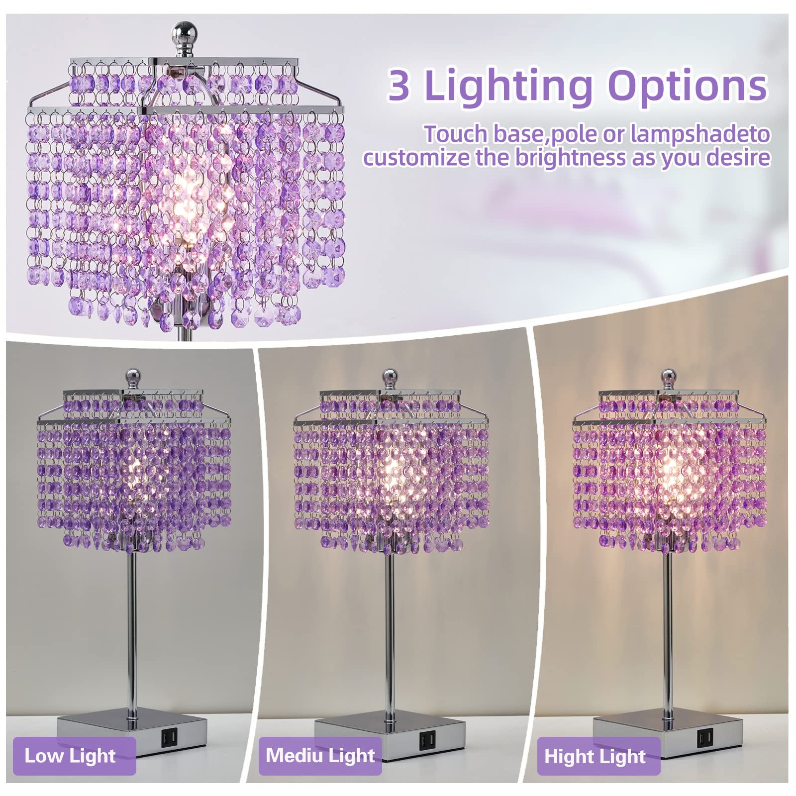 Luvkczc Purple Bedside Crystal Table Lamp Set Of 2, Touch Control Crystal Lamps, 3-Way Dimmable Lamp With Crystal Shade For Bedr