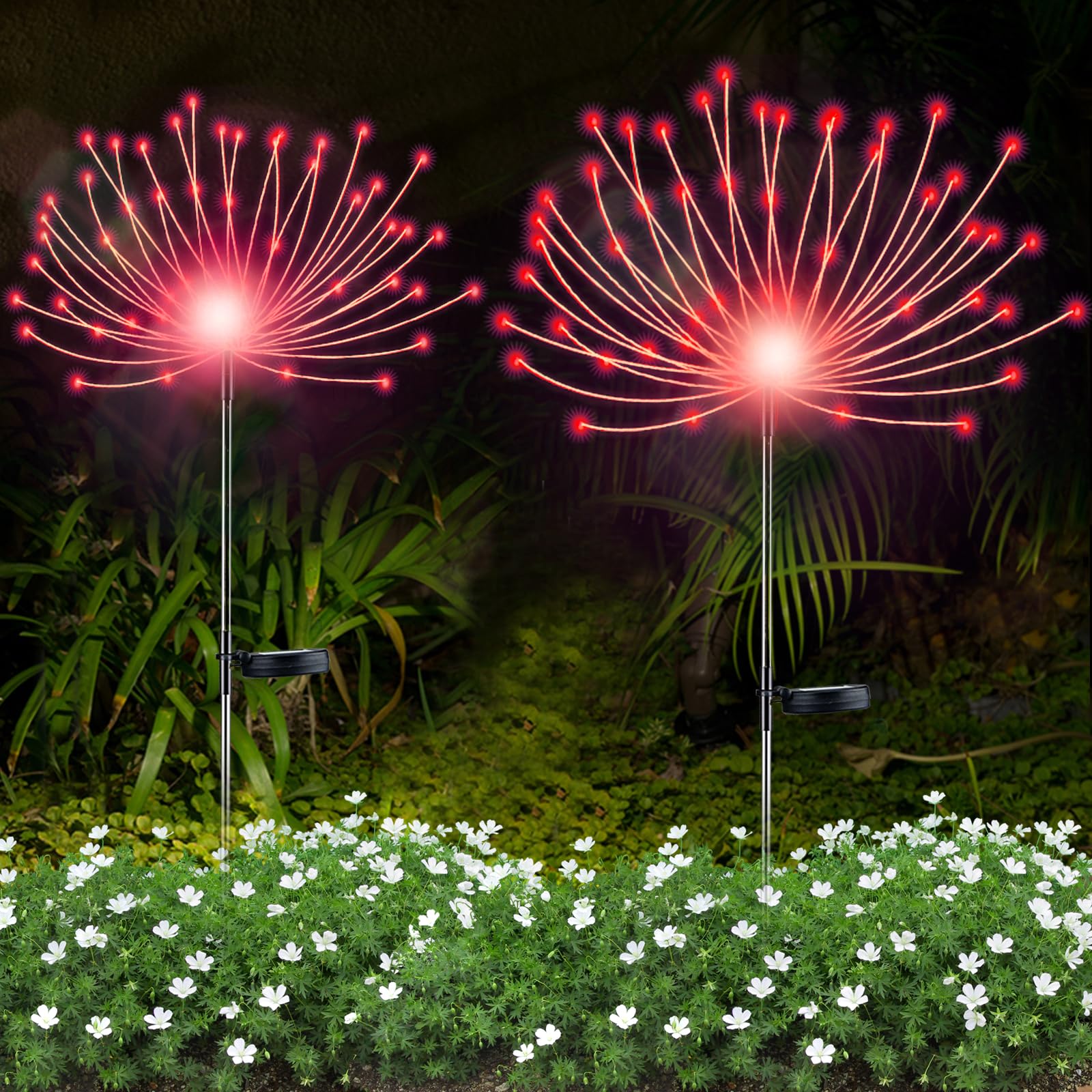 Yotozu 2 Pcs Solar Firework Light  Outdoor Solar Garden Decorative Lights 120 Led Powered 40 Copper Wires String Diy Landscape Light For Walkway Pathway Backyard Decoration Parties Perfect Gifts(Red)