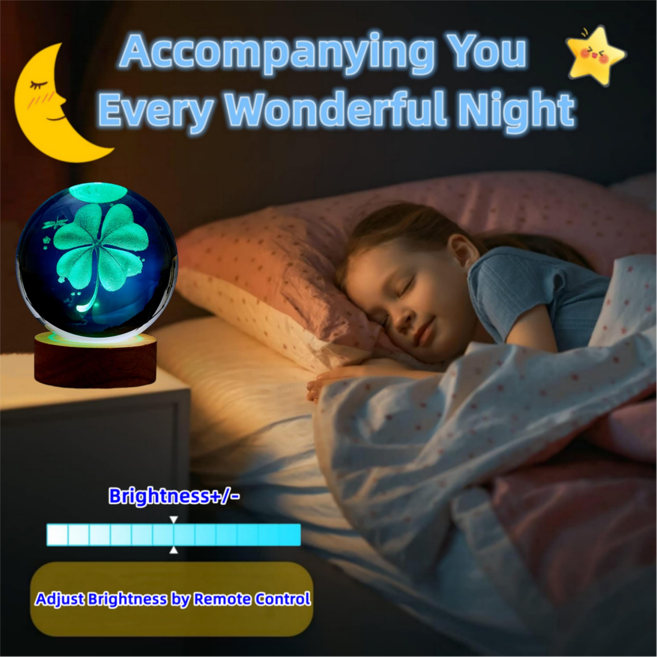 3D Four-Leaf Clover Crystal Ball Lamp,Lifelike 3D Led Clover Night Light,16 Colors Changing Light,Dimmable Remote Control,Clover