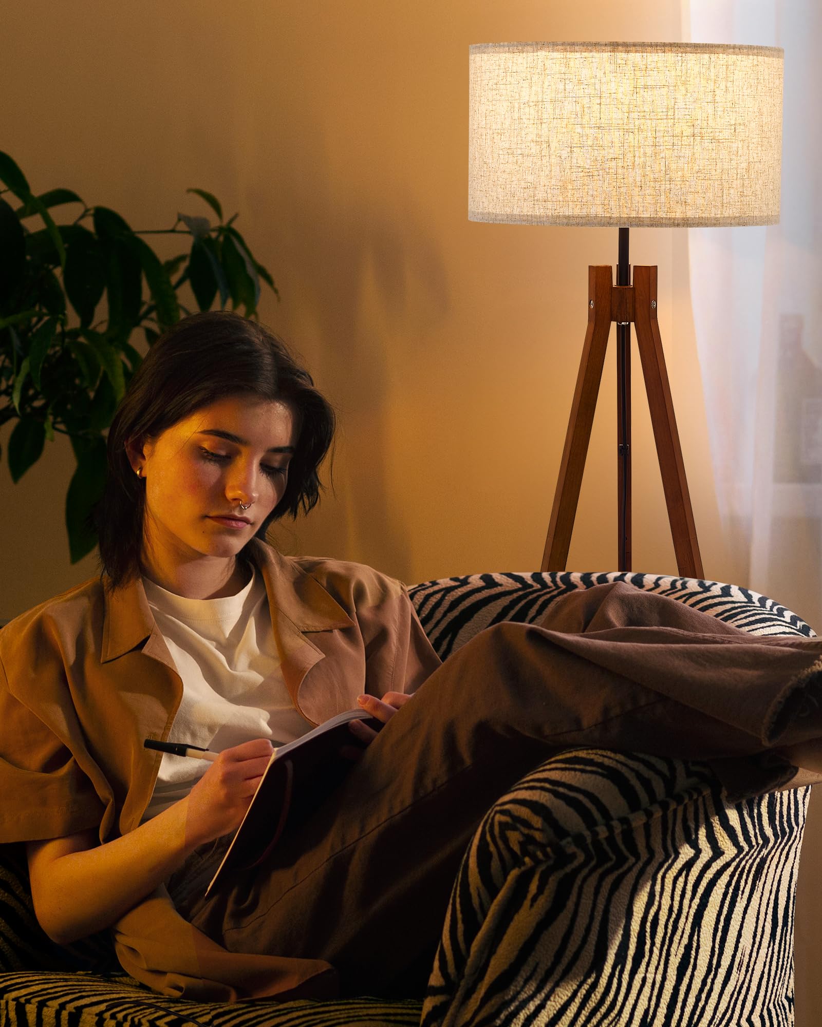ELYONA Wood Tripod Floor Lamp, Mid Century Design, 3 Color Temperatures, Brown, Model UF1103-WA, LED Bulb Included
