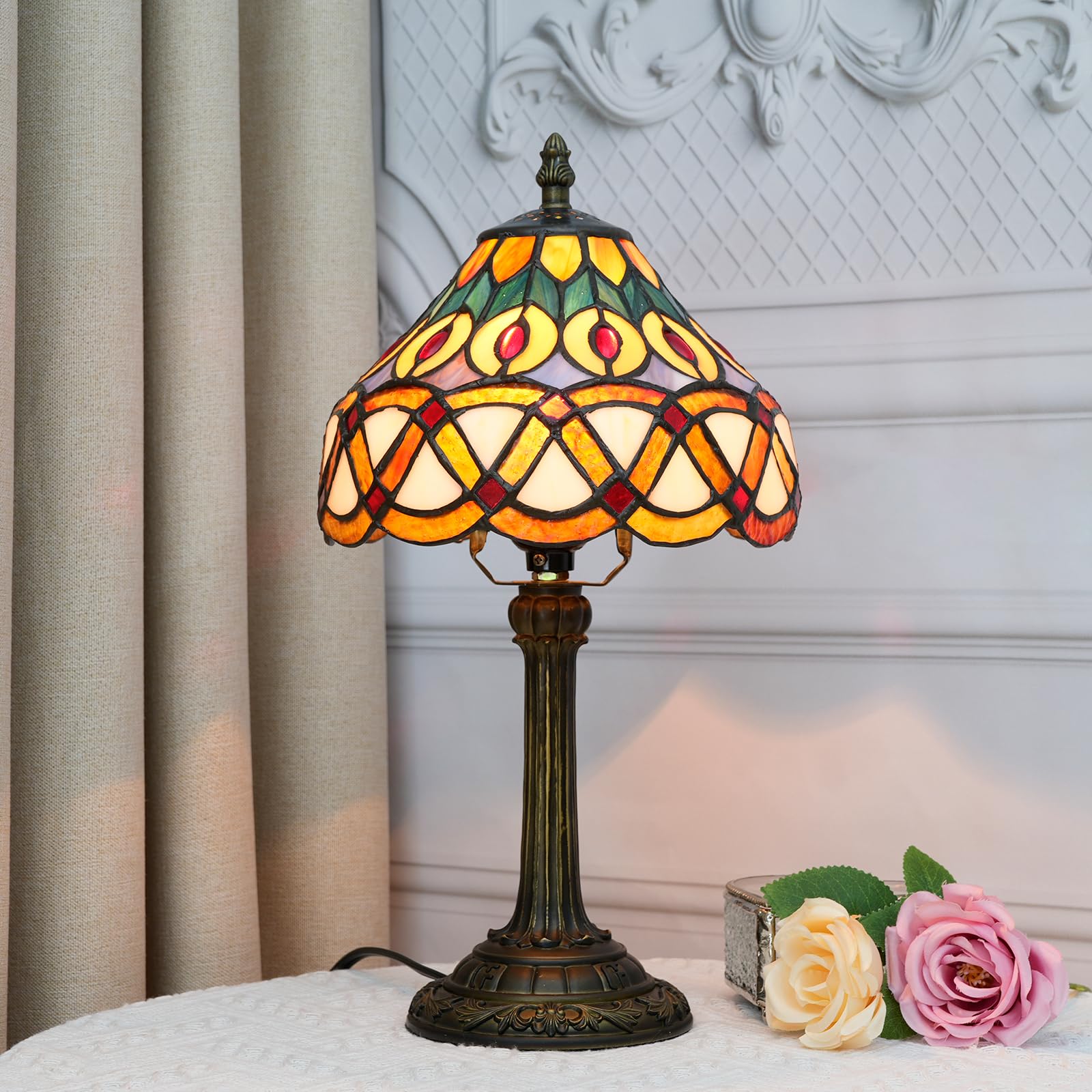 TIFLRIS Warm Peacock Feather Style Tiffany Style Stained Glass Table lamp 8 inches Wide 14.4 inches high Vintage Bedside Table l