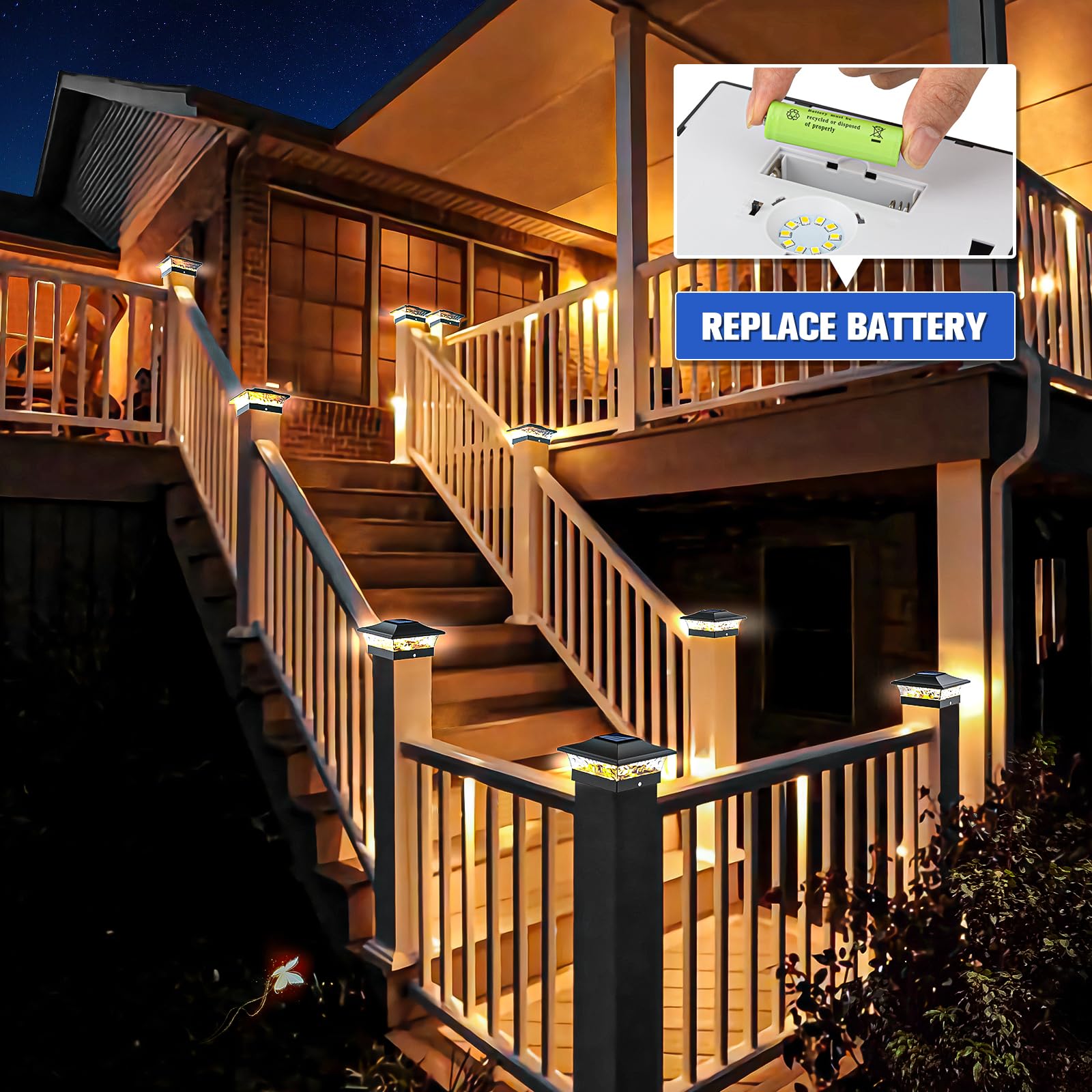 Volisun Solar Fence Post Cap Lights - 4X4/6X6 Wooden/Vinyl, Warm White, 2 Modes Deck Post Lights Solar, Waterproof Abs Shell Len