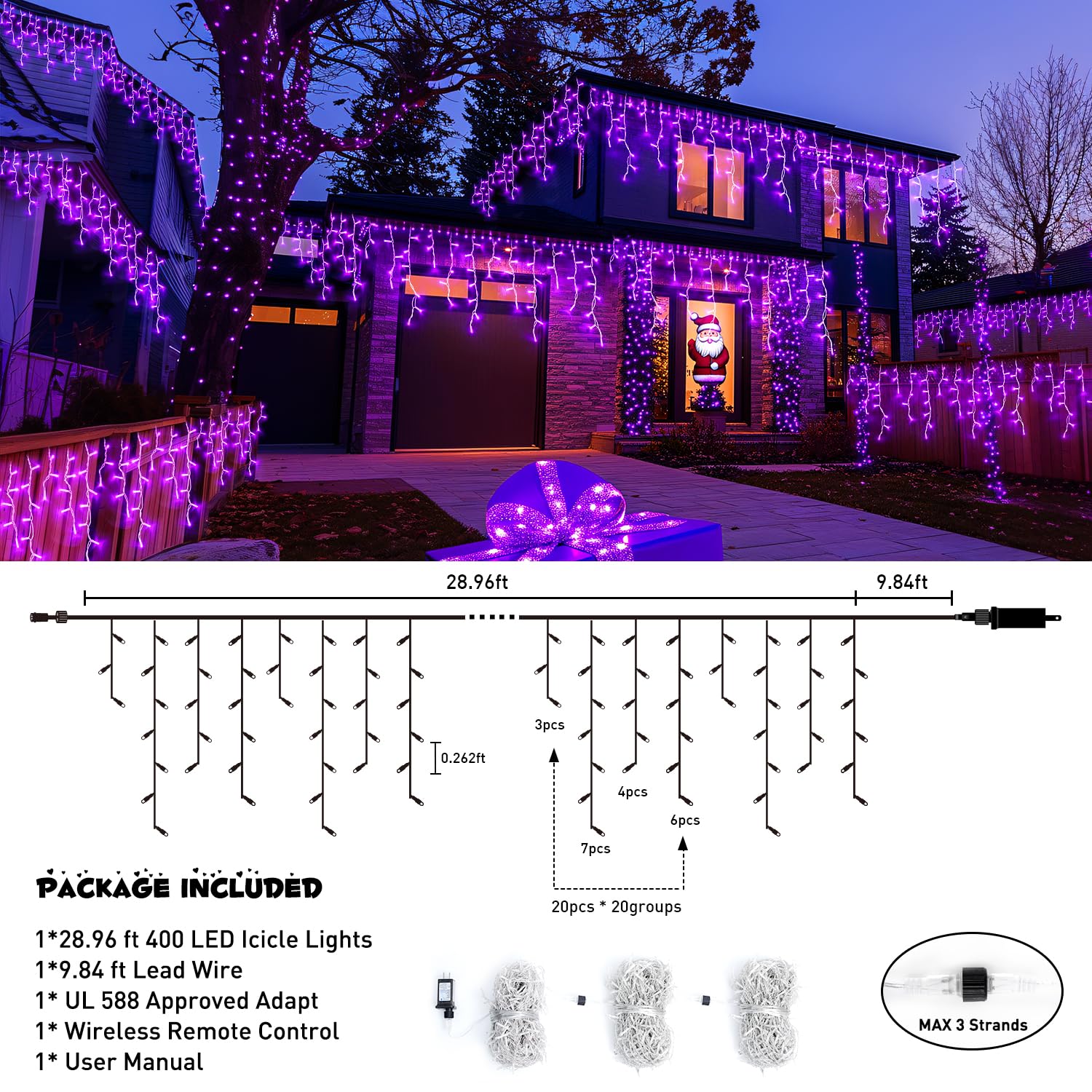 JMEXSUSS Purple Icicle Lights, 400 LED, 33.8 FT, Waterproof, 8 Modes, Model EXS-I-0400, Outdoor Christmas Decorations
