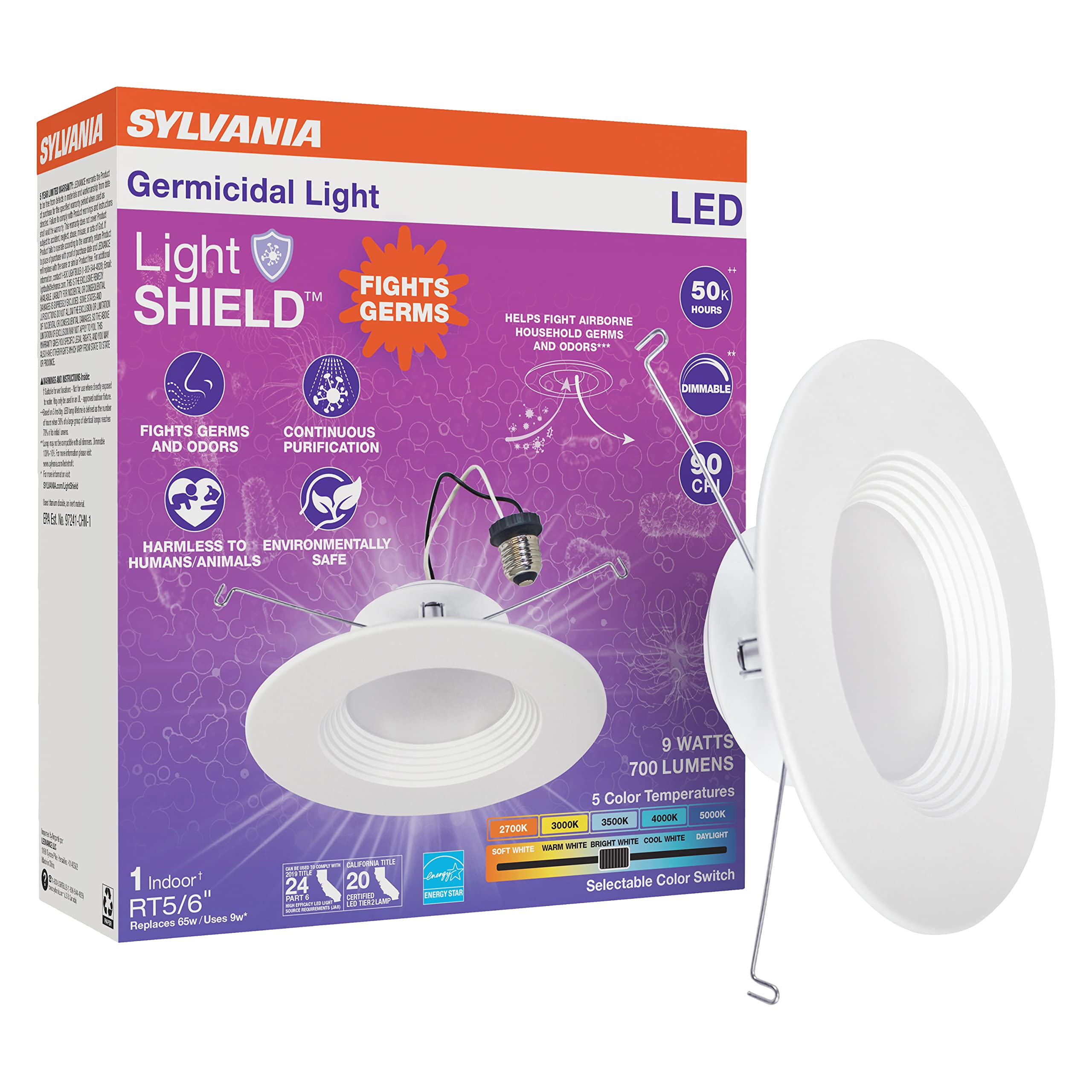 Sylvania 5/6 Recessed Downlight Kit with LightSHIELD Technology, Germicidal LED, 9W = 65W, 700 Lumens, 5 CCT Color Select (2700K