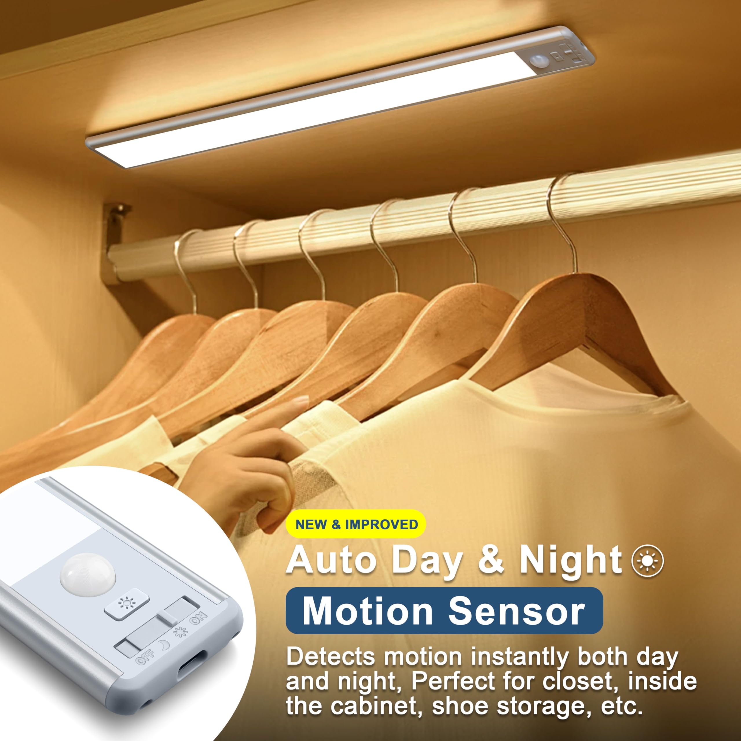 BLS Under Cabinet Lights - 63 LED Motion Sensor, 2500mAh Rechargeable, Magnetic Night Light, 14.8 Inch - 2 Pack