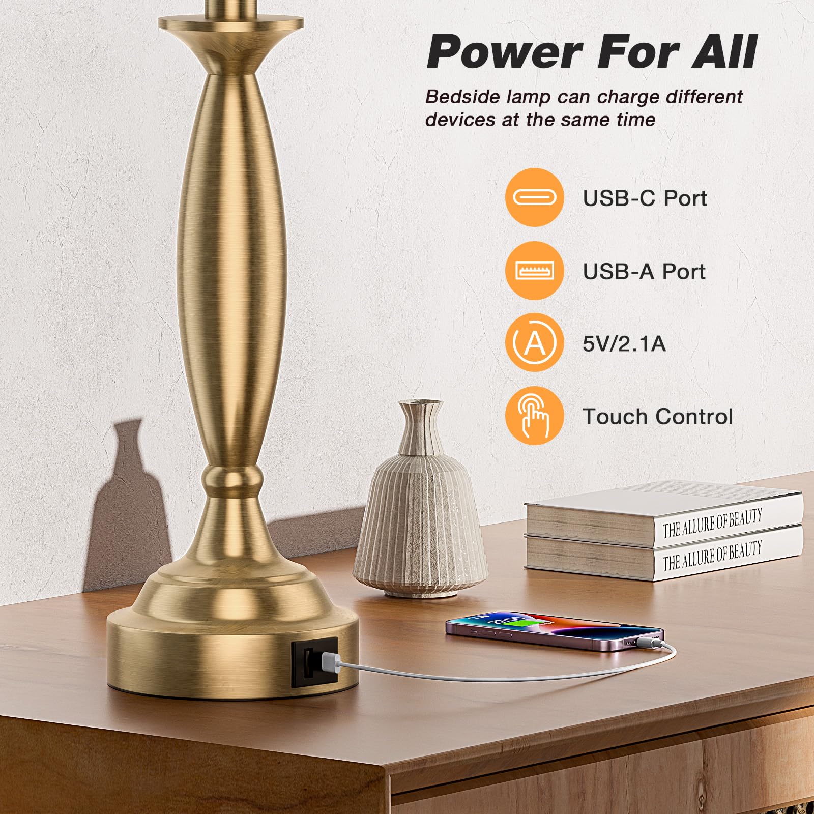 White Gold Lamps For Bedrooms Set Of 2 - Touch Control Bedside Lamp With Usb C+A, 3 Way Dimmable Nightstand Lamps With Usb Port,