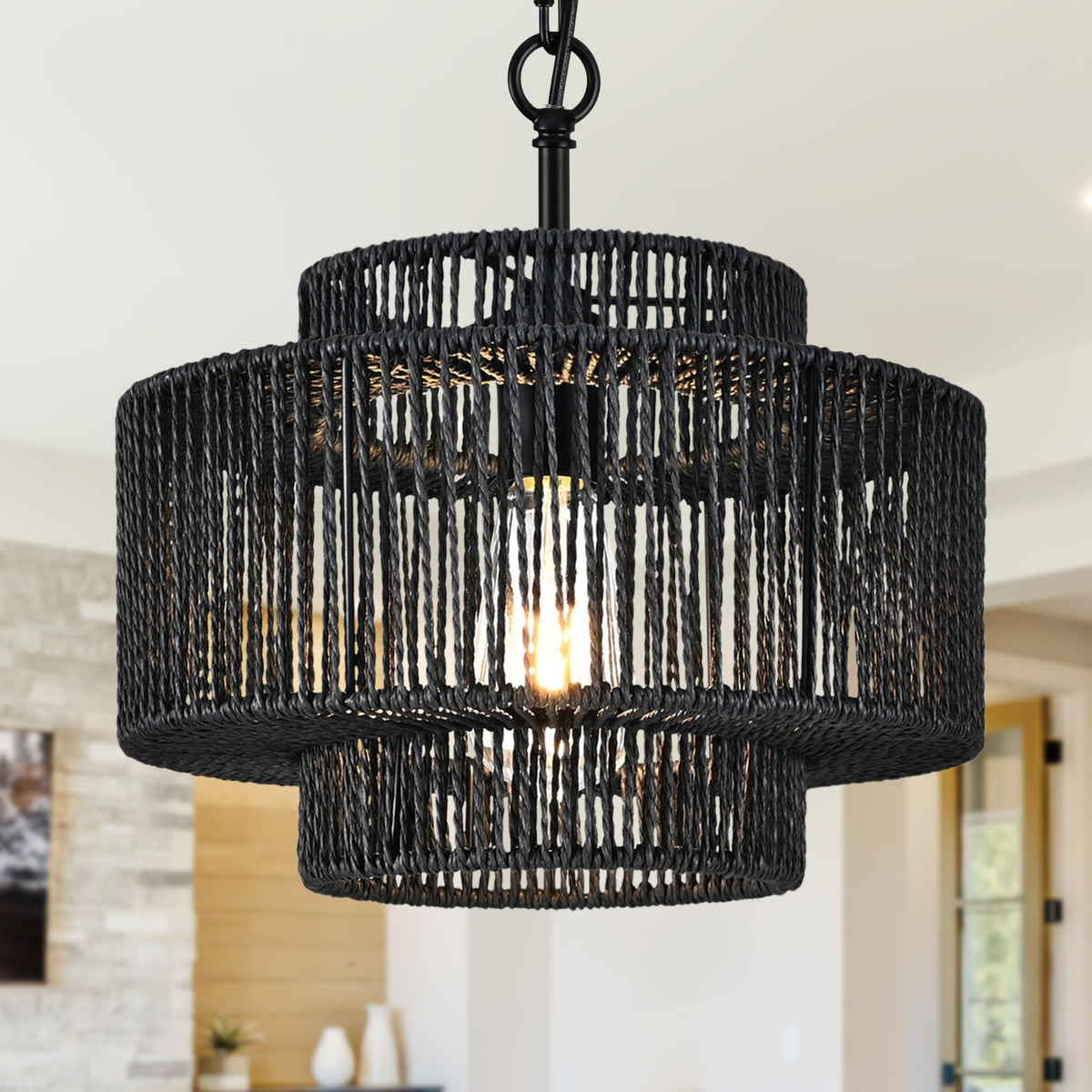 Bagood 12.4'' Black Woven Pendant Light 1 Light Black Rattan Chandelier Black Hand-Woven Rattan Chandelier 3-Tier Rattan Black P
