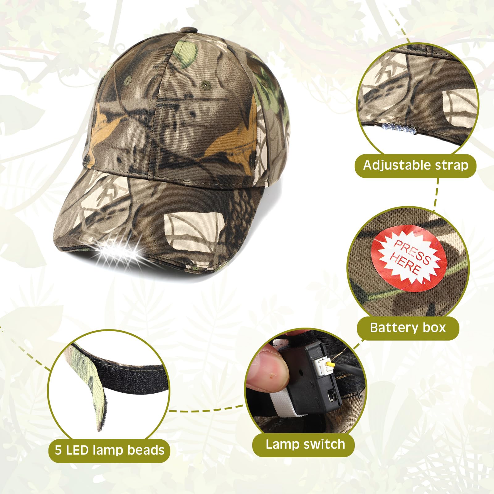 Syhood LED Baseball Caps - 2 Pack Hands-Free Flashlight Hats for Fishing, Jogging, Camping - Black & Camouflage