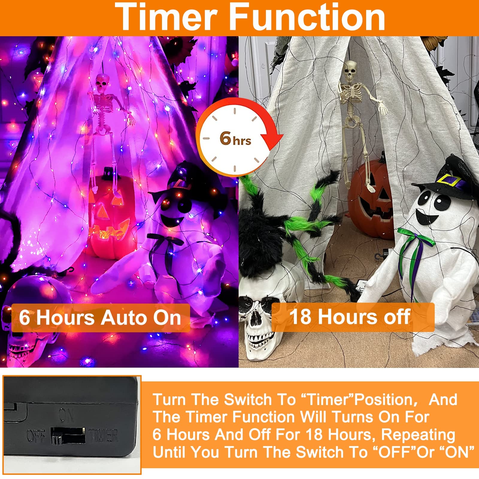 [ 3 Pack ] Halloween String Lights With Timer, Total 180Led 59Ft Copper Wire Battery Operated Halloween Decorations Indoor Outdoor Outside Yard Home Party Decor, 60Led 19.7Ft Each(Orange & Purple)