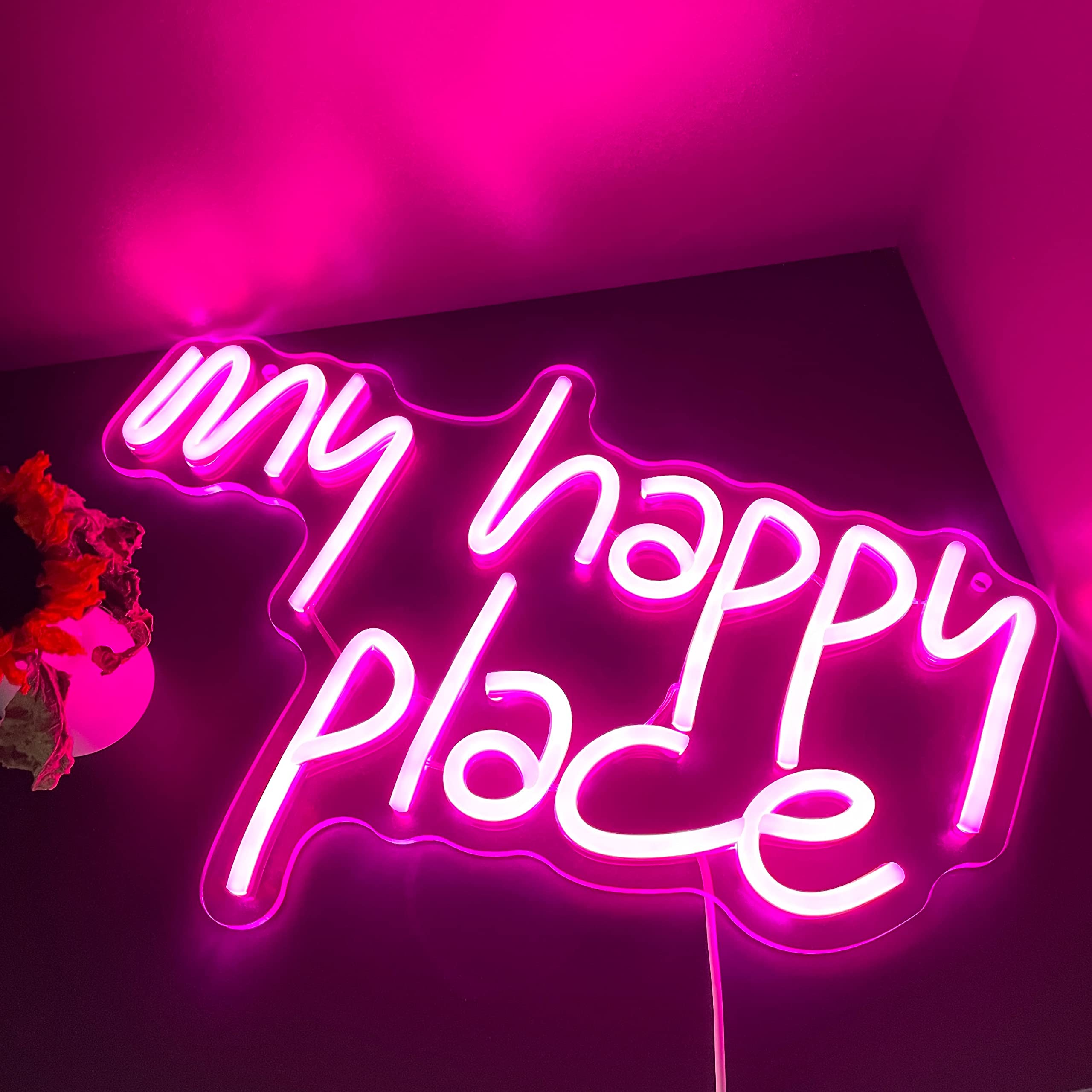Ggk Neon Sign - My Happy Place Led Wall Decor Light, Pink Aesthetic Acrylic Lettering