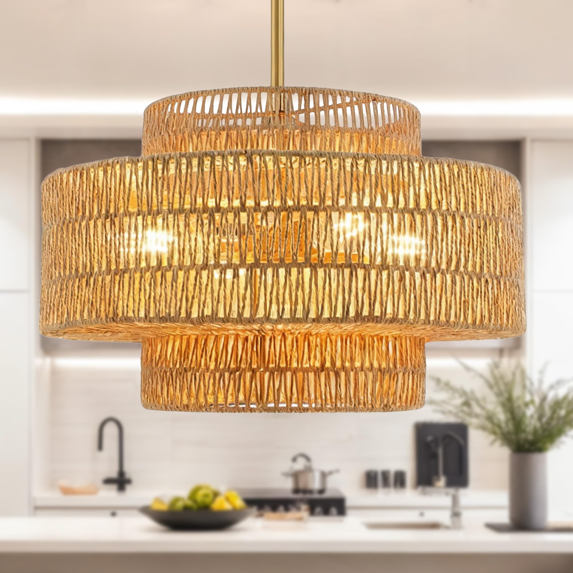 Phaosio 20    Large Boho Rattan Chandelier, 4-Light Hand Woven Pendant Light Fixture, Upgraded Farmhouse Hanging Ceiling Light f