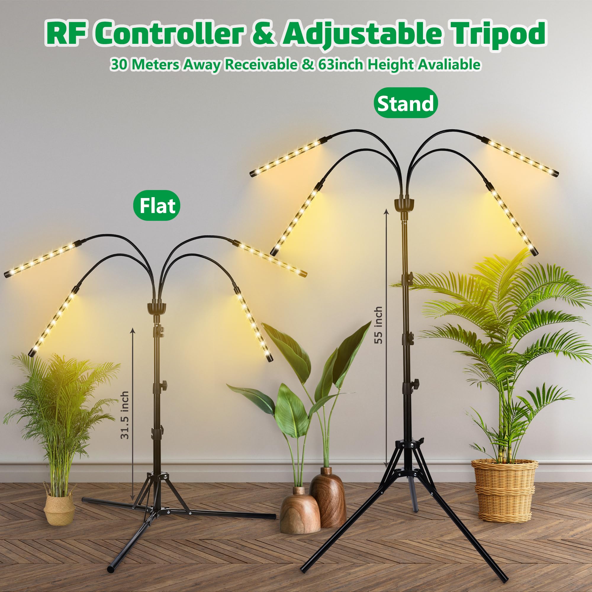 Led Grow Lights For Indoor Plants Full Spectrum With 15-63 Inches Adjustable Tripod Stand, Red Blue White Floor Grow Lamp With 4/8/12H Timer With Remote Control