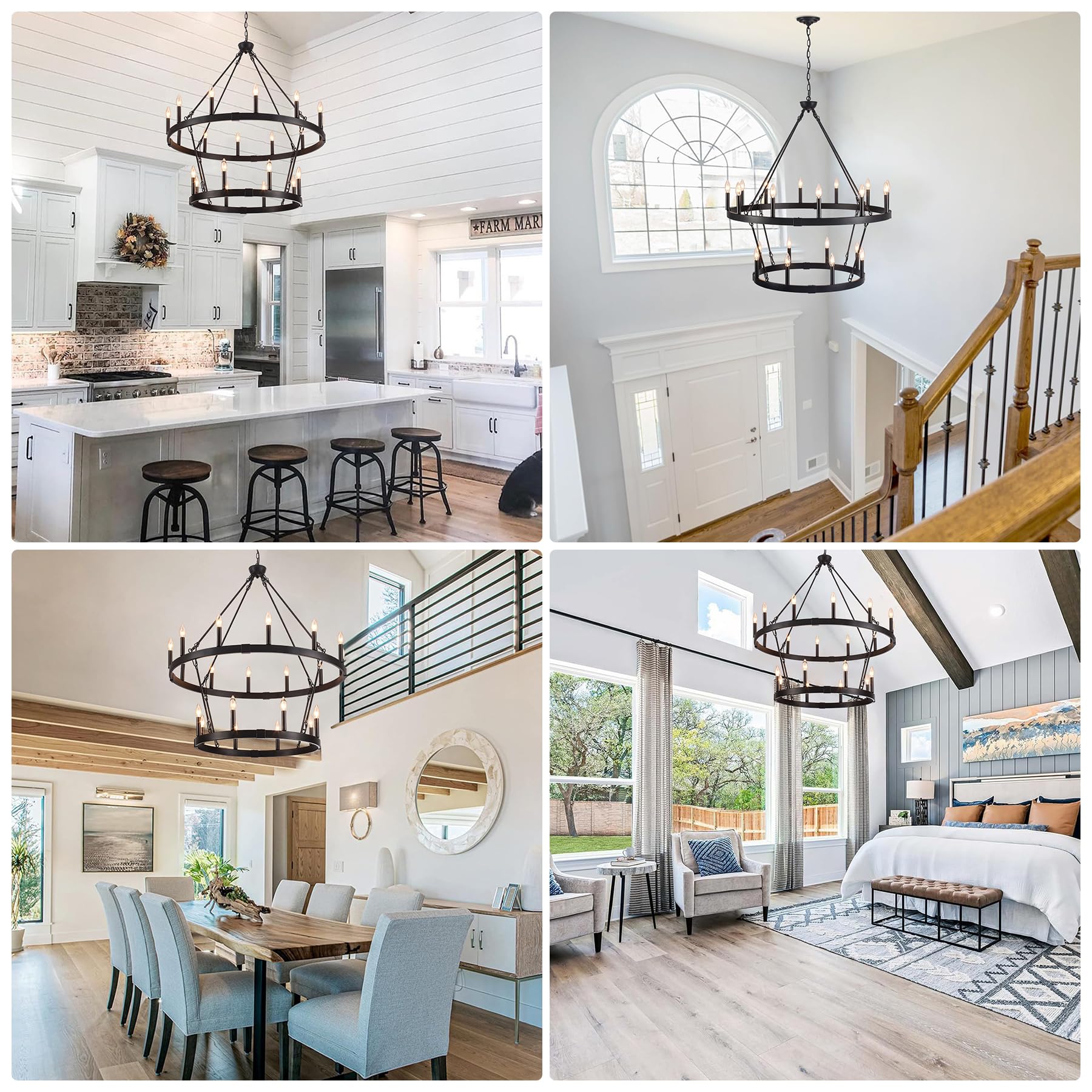 Rviezza 20-Light Black Wagon Wheel Chandelier, 38.19" Farmhouse Lighting for High Ceilings, Ideal for Dining Room, Living Room, Kitchen