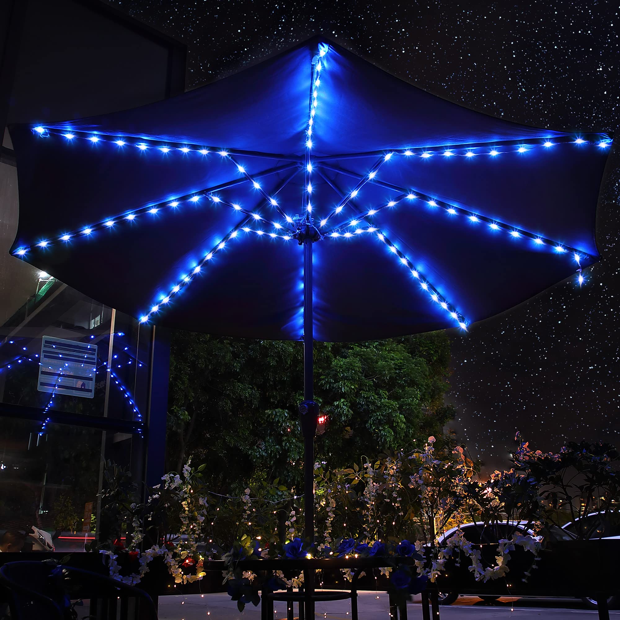 Enhon Patio Umbrella String Lights, 16 Color Changing LEDs, Remote Control, Waterproof, Model E-0178, Blue