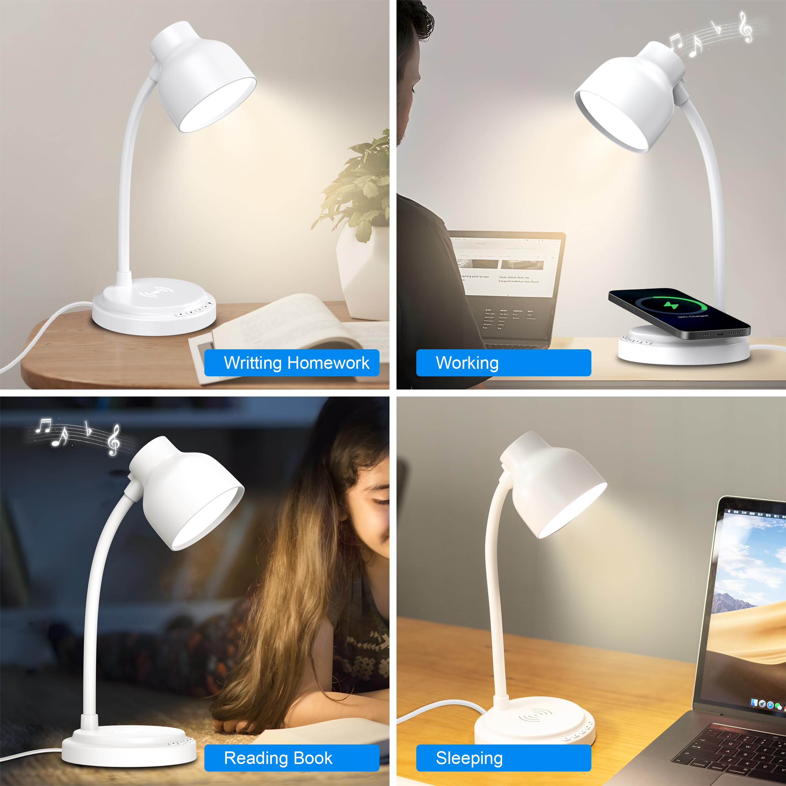 Rorense Led Desk Lamps For Home Office With Bluetooth Speaker&15W Wireless Charger,Desk Lamp For College Dorm Room,Adjustable Fl