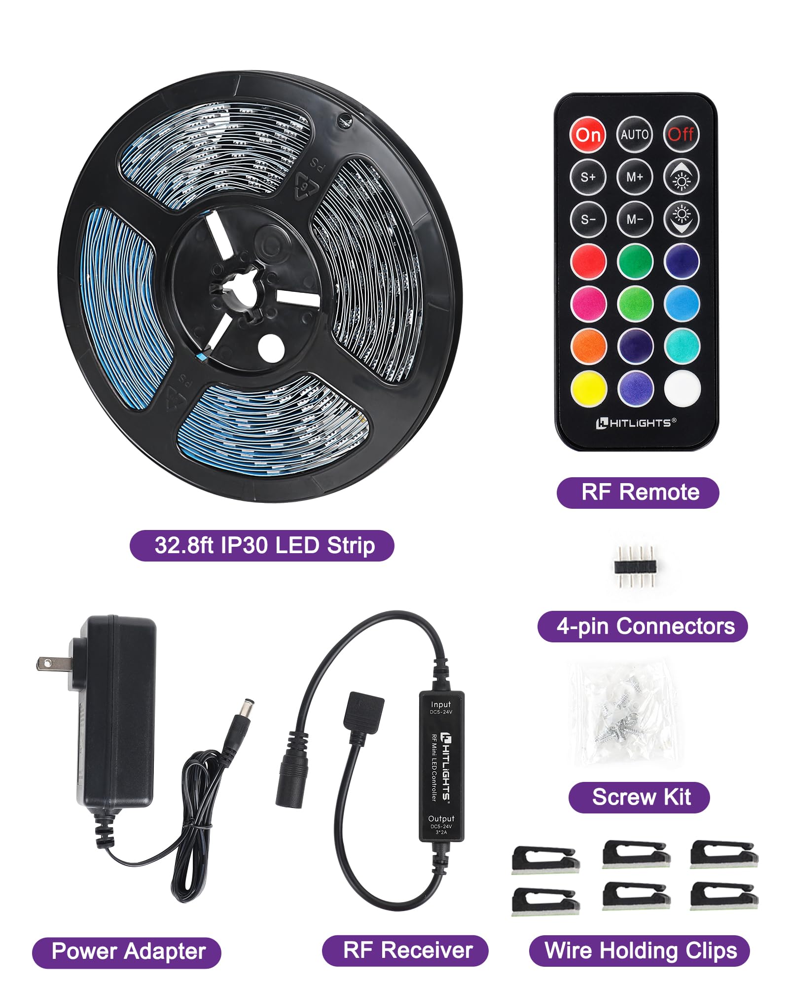 Hitlights Led Strip Lights, 32.8Ft Rgb 5050 Color Changing Kit, Rf Remote, Black, Model L1012V-Mc1-3230-K, Flexible 300Led